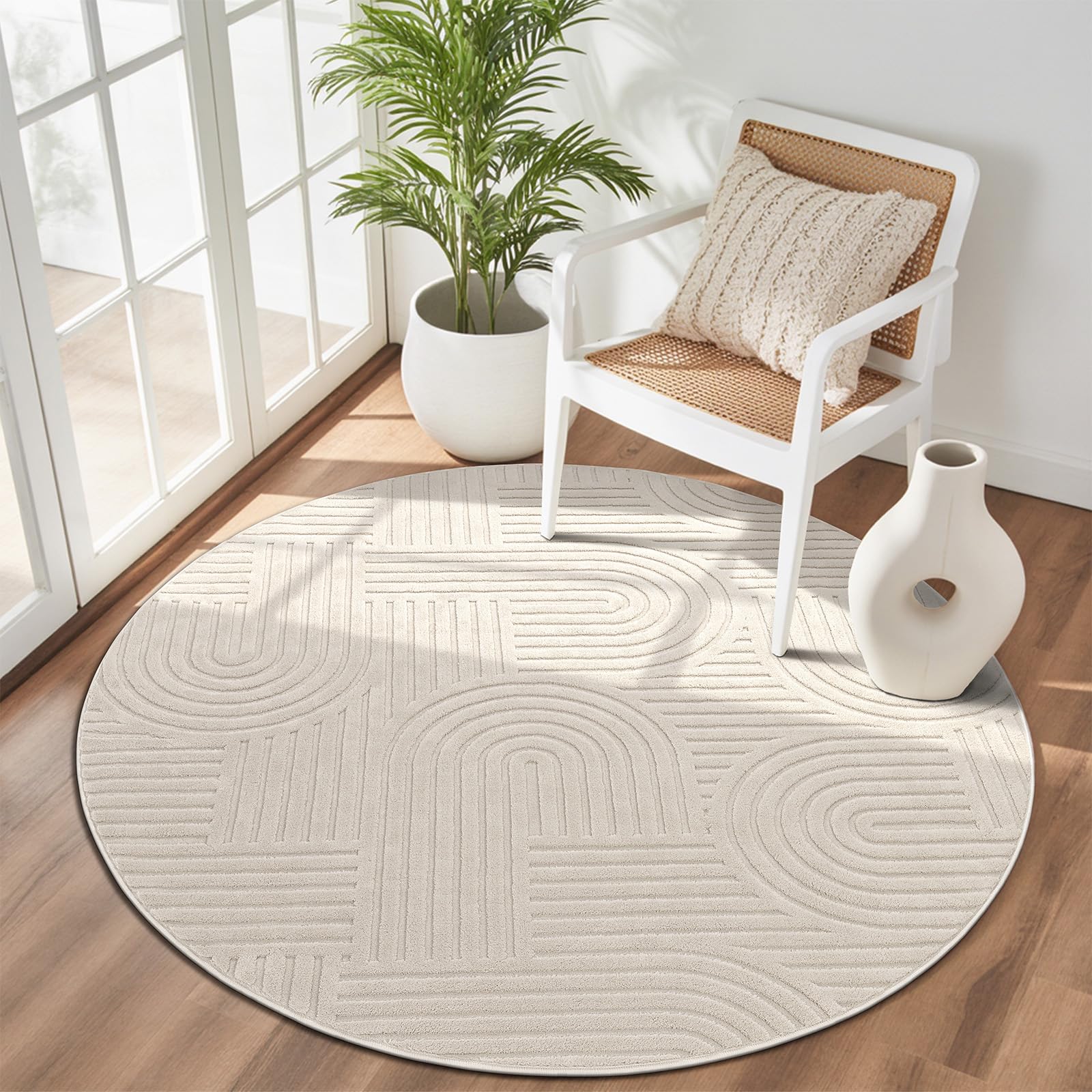 Enyhom Round Rug Fluffy Modern Washable Rugs Living Room Beige Non Slip Area Rugs for Bedroom Non Shedding Soft Carpet Rugs 120x120cm