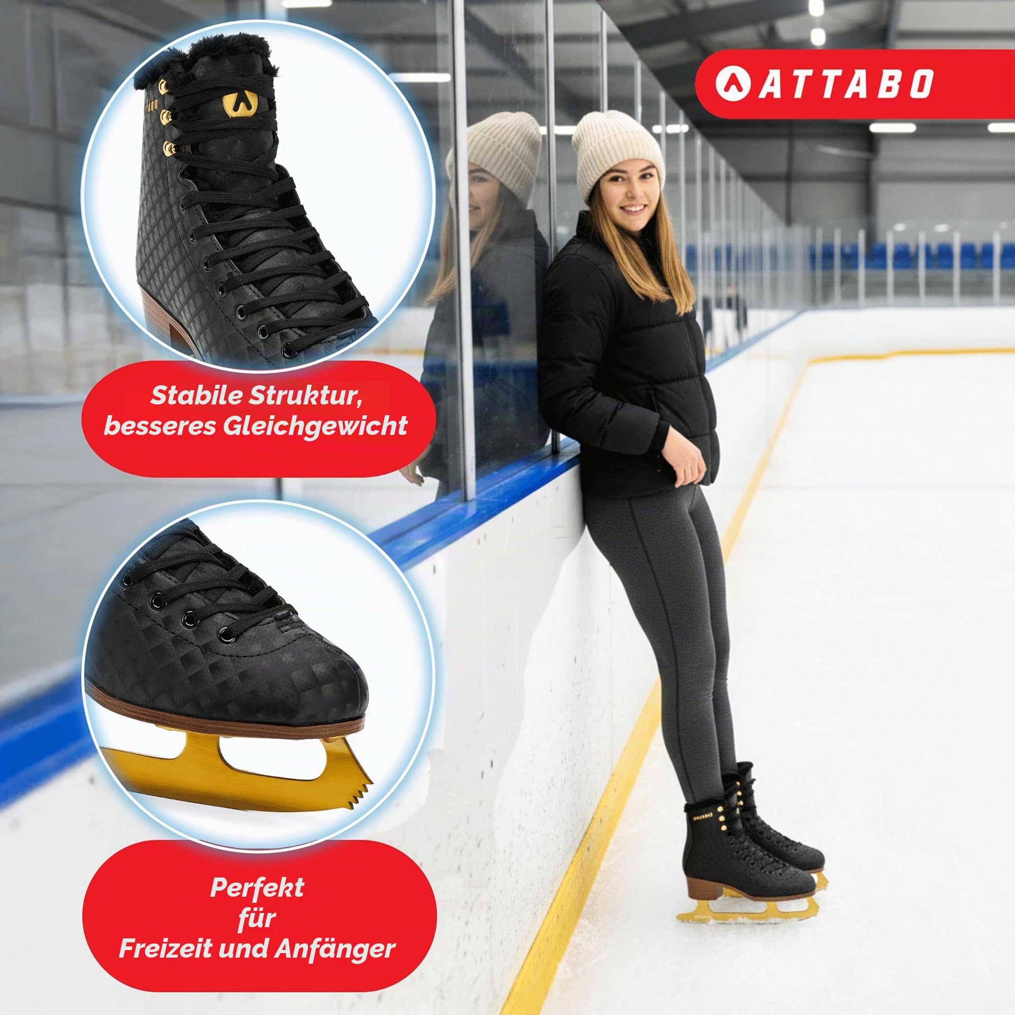 ATTABO Lukso Damen Kunstlauf-Schlittschuhe, schwarz – Edelstahlkufe, klassischer Stiefel, warme Innenfütterung, hohe Knöchelstütze, Schnürung für Training & Freizeit