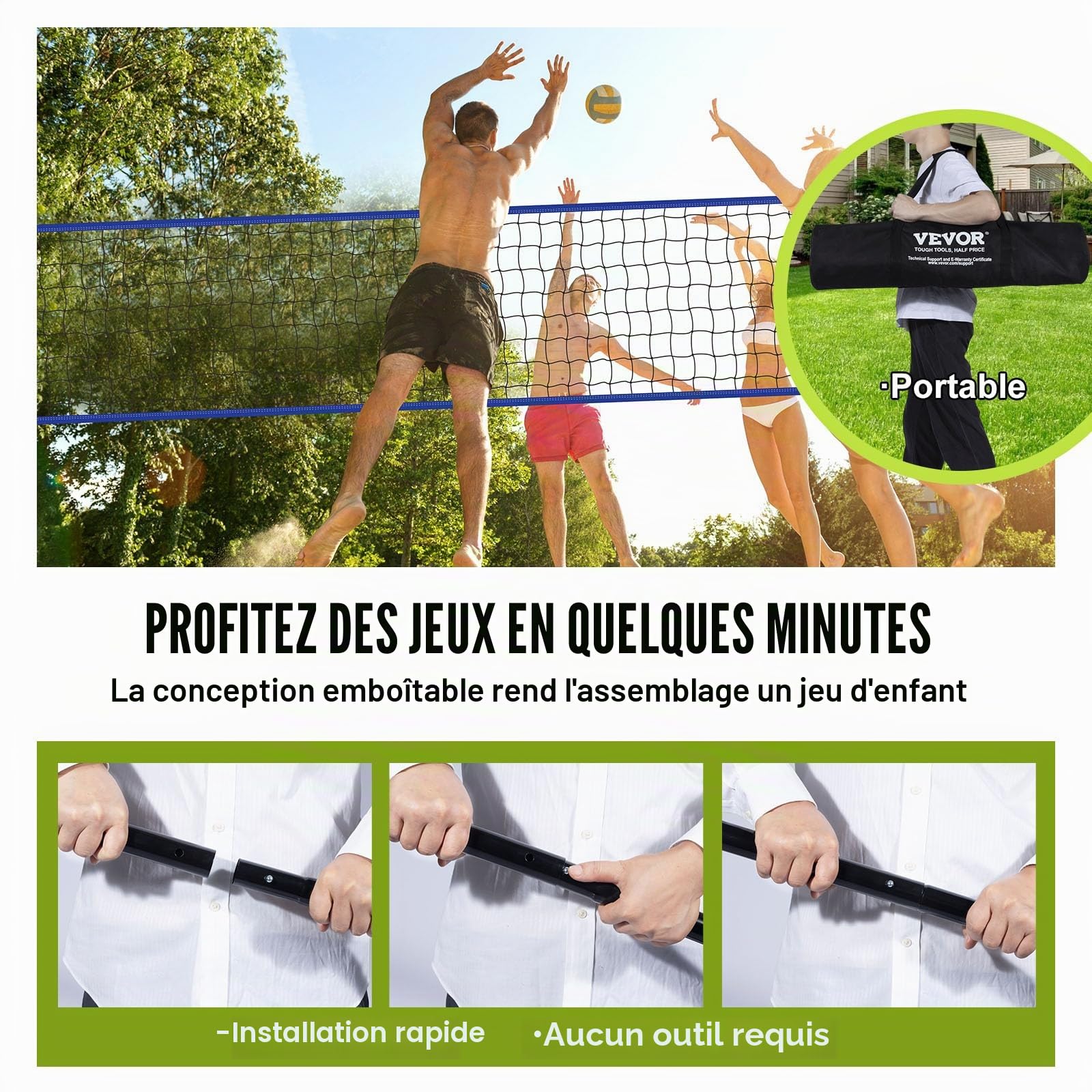 VEVOR Filet de Volley-Ball Portable d'Extérieur, Poteaux en Acier à Hauteur Réglable, Ensemble de Volley-Ball Professionnel avec Ballon de Volley en PVC, Pompe et Sac, pour Jardin, Plage, Pelouse
