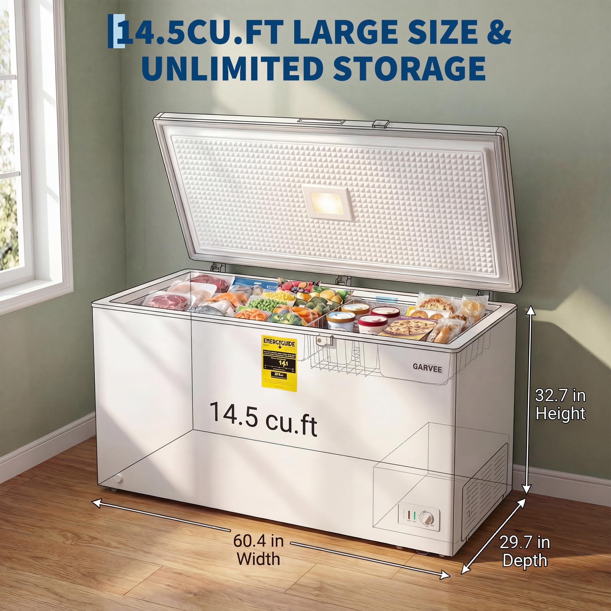 Garvee 14.5cuft Chest Freezer, Large Capacity Freezer Stand Alone With 6 Movable Wheels, Mechanical Temperature Control, 2 Removable Baskets, For Garage/Home/Office, White on Fridge.com - View 2
