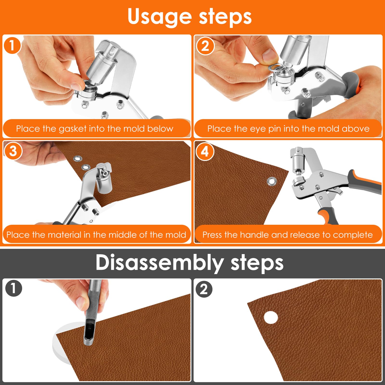 Set de pince à œillets professionnelle, Presse à œillets magnétique avec 200 œillets inoxydables (100 pièces Ø6mm et 100 pièces Ø10mm), Pince à œillets avec tête de découpe interchangeable pour