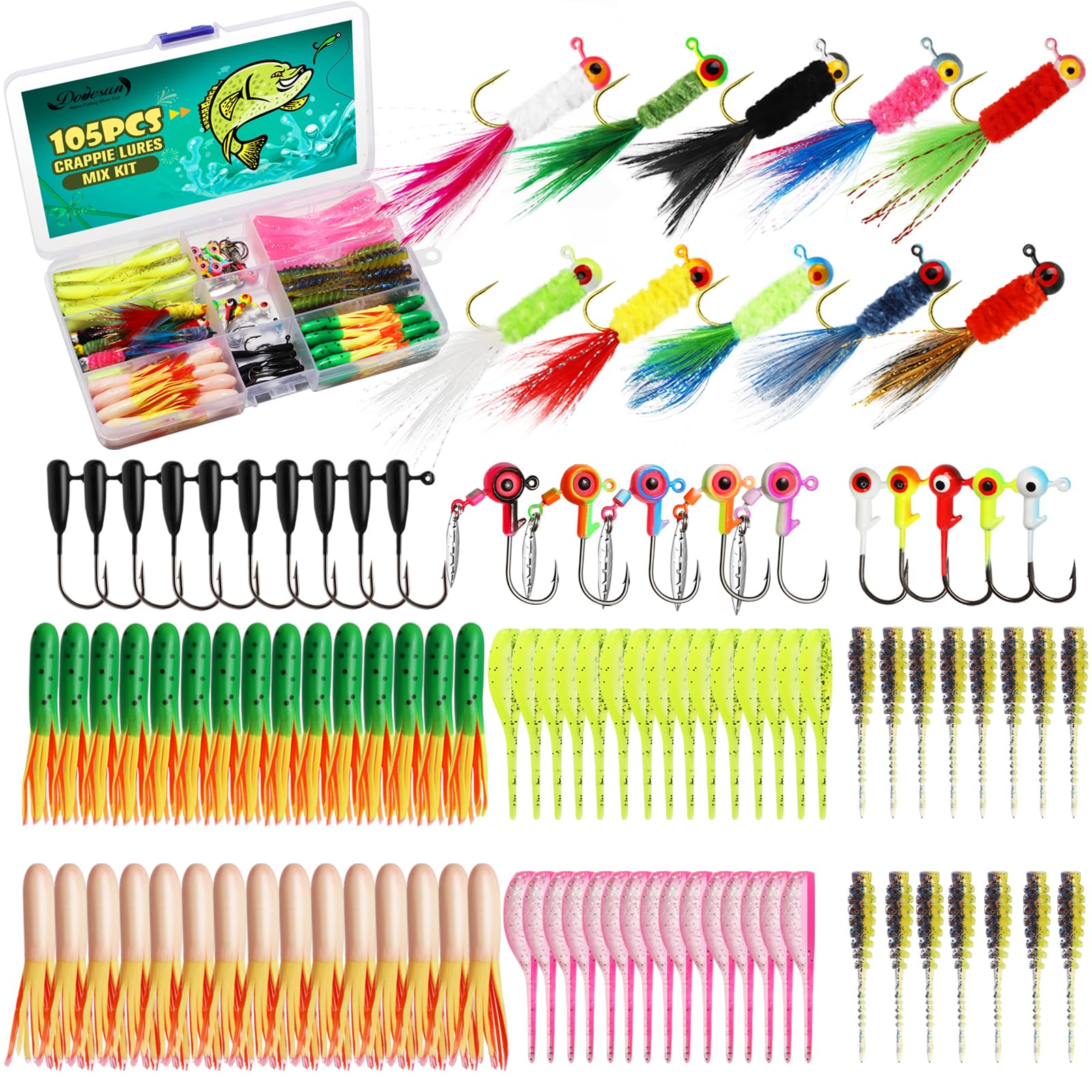 Dovesun Crappie Lures with Jig Heads Kit, Soft Plastic Grubs-Tube Baits 1/8oz 1/16oz 1/32oz Crappie Jigs Walleye Trout Bass Crappie Baits 95-120pcs