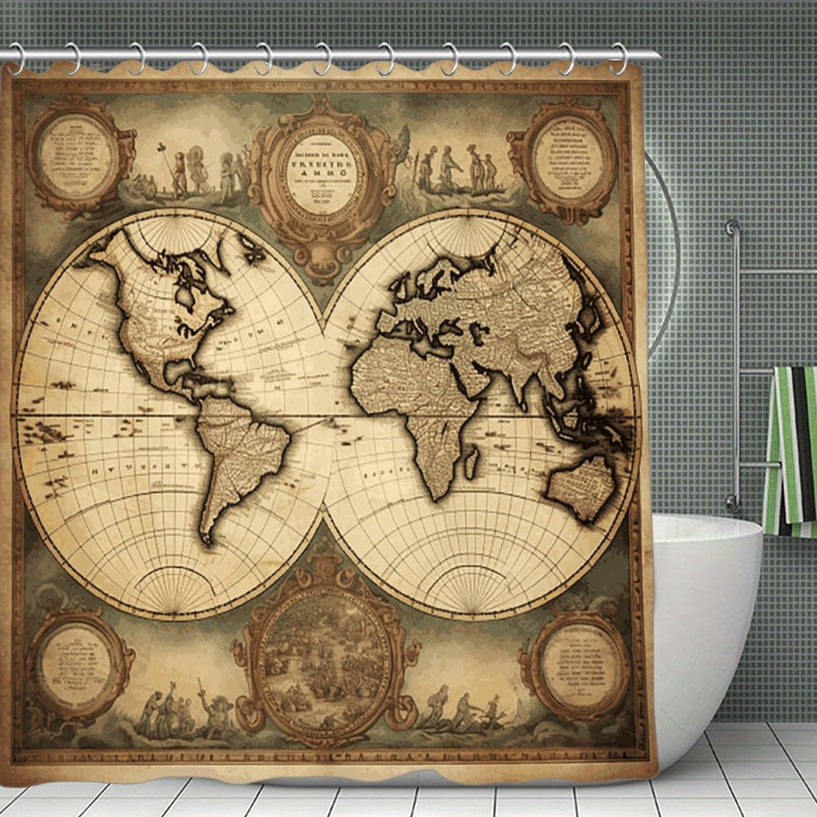VstaDank World Map Shower Curtain Light-Weight Blackout Bathroom Curtain Washable Shower Liner 71x71 Inch Bath Curtain with Metal Holes Bathtub Bath Room