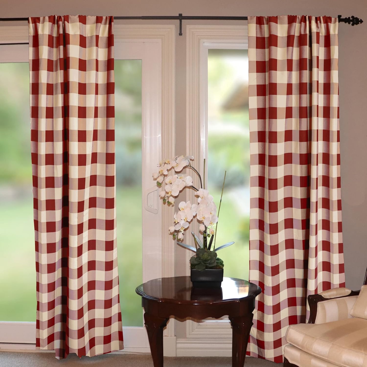 lovemyfabric Big Buffalo 2 Inch Checkered 100% Polyester Curtain Window Treatment/Decor Panel Country Style- Burgundy and Beige (2, 56"X84")