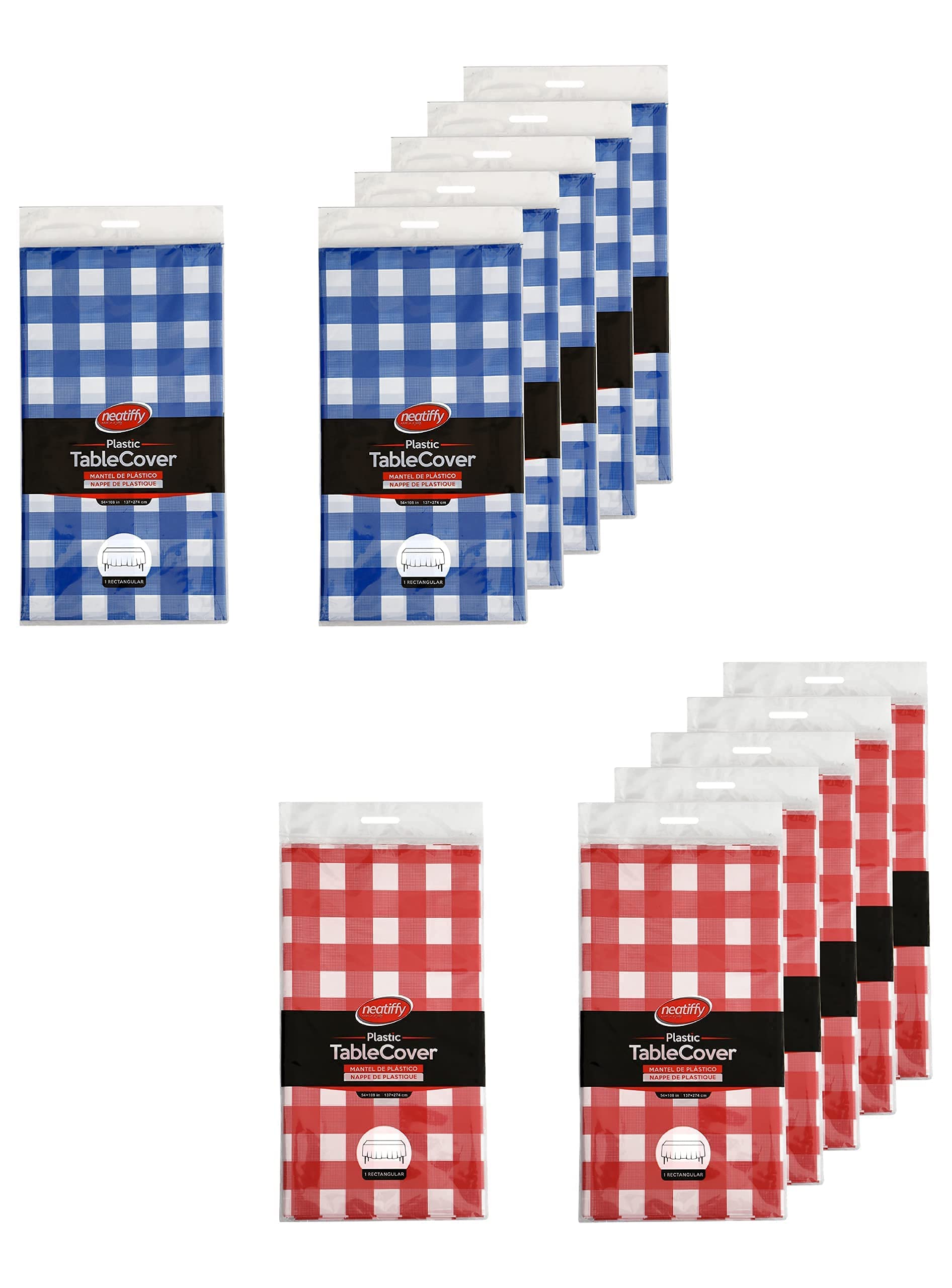 Neatiffy 54 x 108 Inch 6 Pack Rectangle Plastic Table Cloth Picnic/Party/Banquet Table Cover. Disposable/Reusable Tablecloths (Red & Blue) Checkered