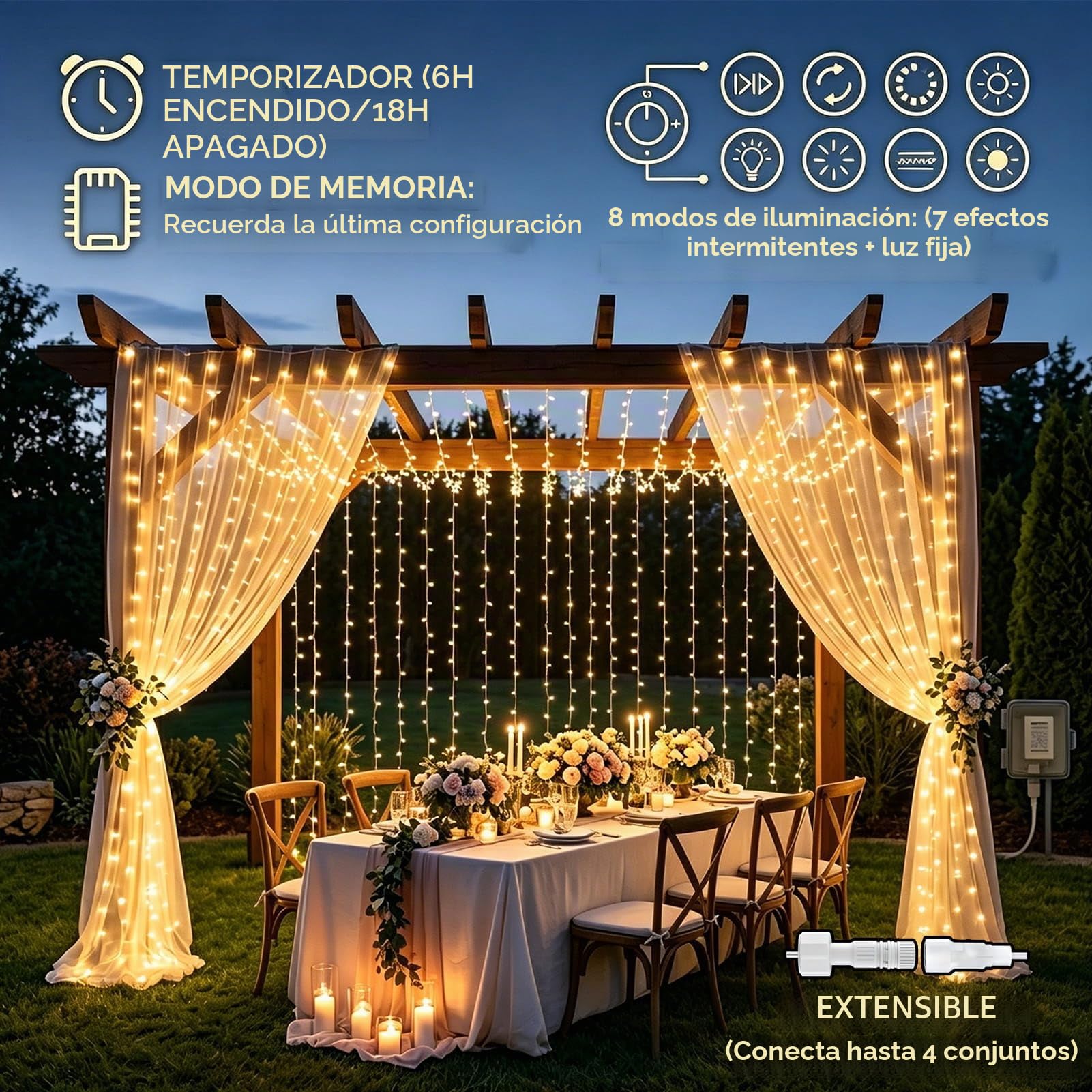 Cortina de Luces con Enchufe, 6Mx3M 600LED Blanco Cálido, 2 Piezas | IP65 impermeable, 8 modos, temporizador, guirnalda, cascada de luz para interior, exterior, balcón, boda, fiesta y jardín