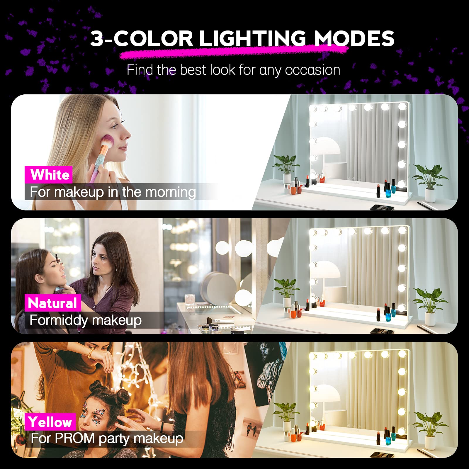 Vanity Mirror Makeup Mirror with Lights,Large Hollywood Lighted Makeup Mirror with 15 Dimmable LED Bulbs,3 Color Modes,Touch Control for Dressing Room,Bedroom,Tabletop or Wall-Mounted