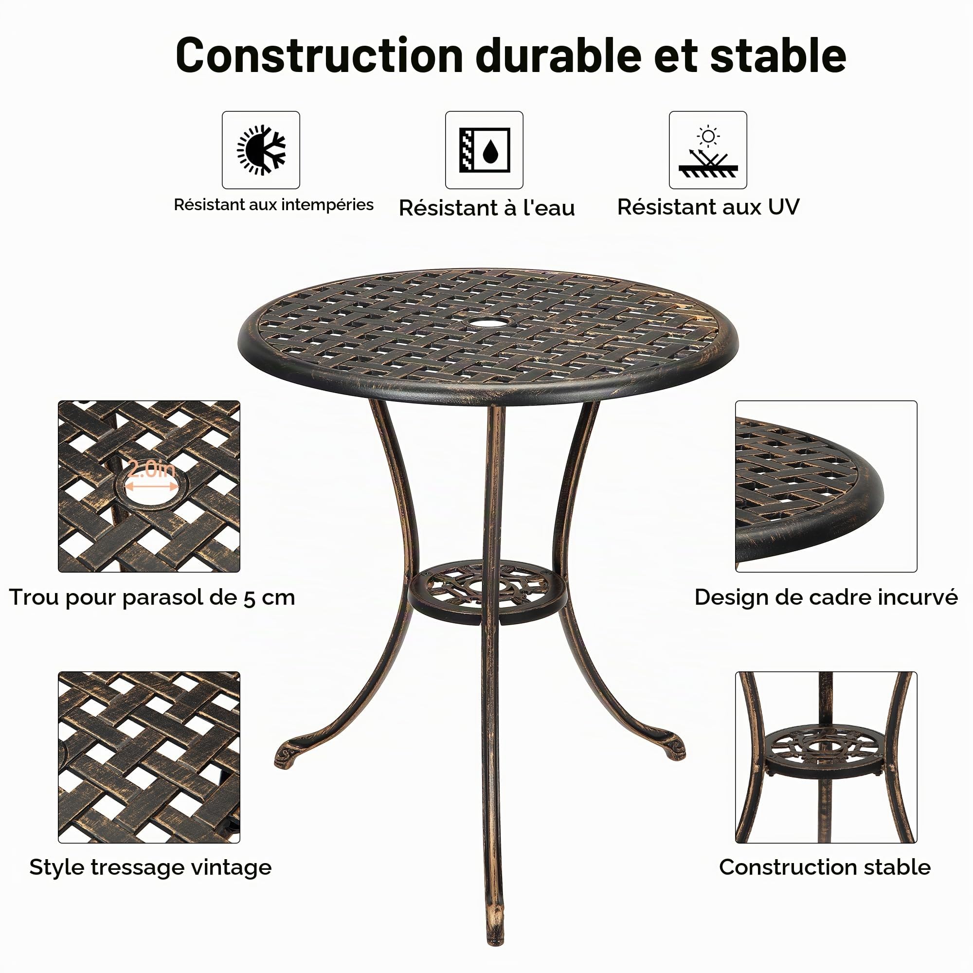 IdealHouse Table de Jardin bistrot Ronde en Aluminium moulé 60 cm – Style rétro – Trou pour Parasol 5 cm – pour terrasse, Balcon, Jardin, café – Finition Bronze – Couleur : Bronze 23.6"