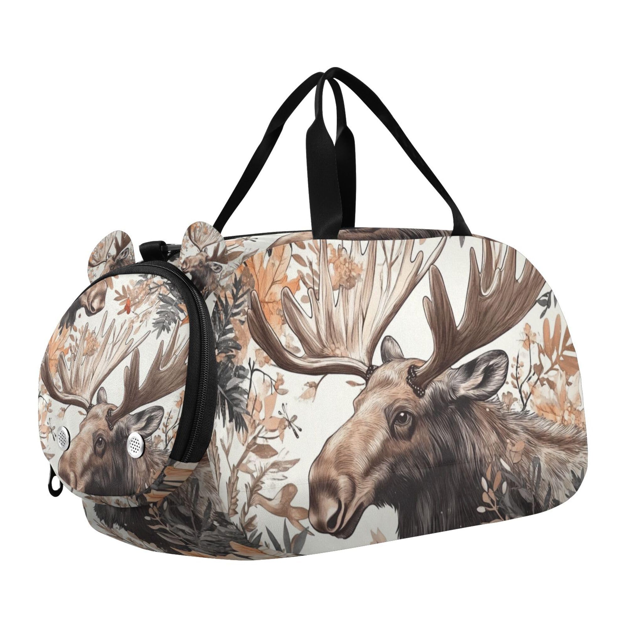 Glaphy Moose Leaves Flowers Duffle Bag for Toddler Boys Girls, Gym Sports Bag with Shoe Compartments, Kids Travel Overnight Weekender Shoulder Bag