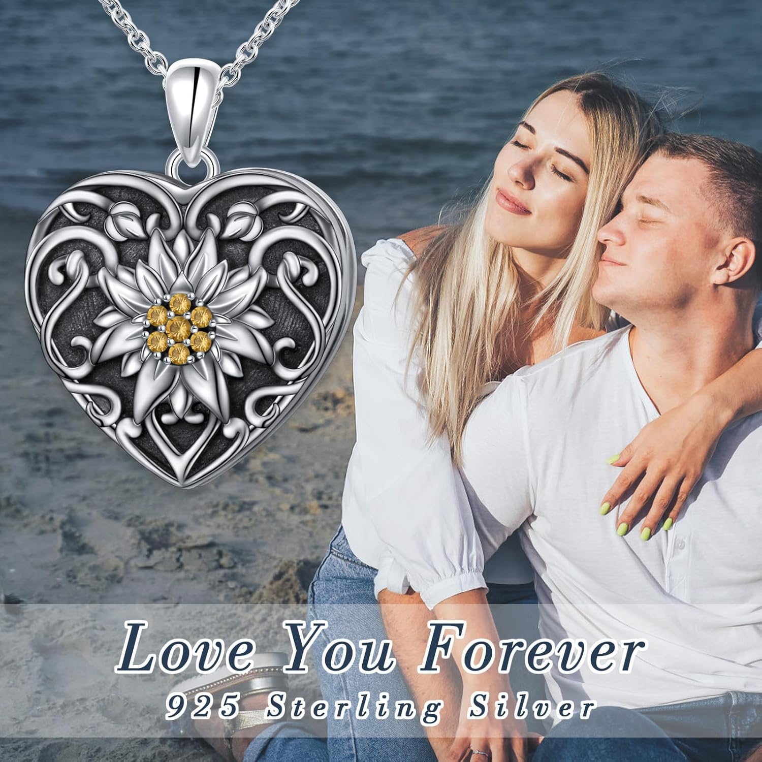 Ladytree 925 Sterling Silver Edelweiss Flower Heart Locket Necklace Hold 2 Photos Personalized Customized Picture Oxidized Flower Keepsake Pendant Necklace Memory Jewelry Birthday Gifts for Women - Image 8
