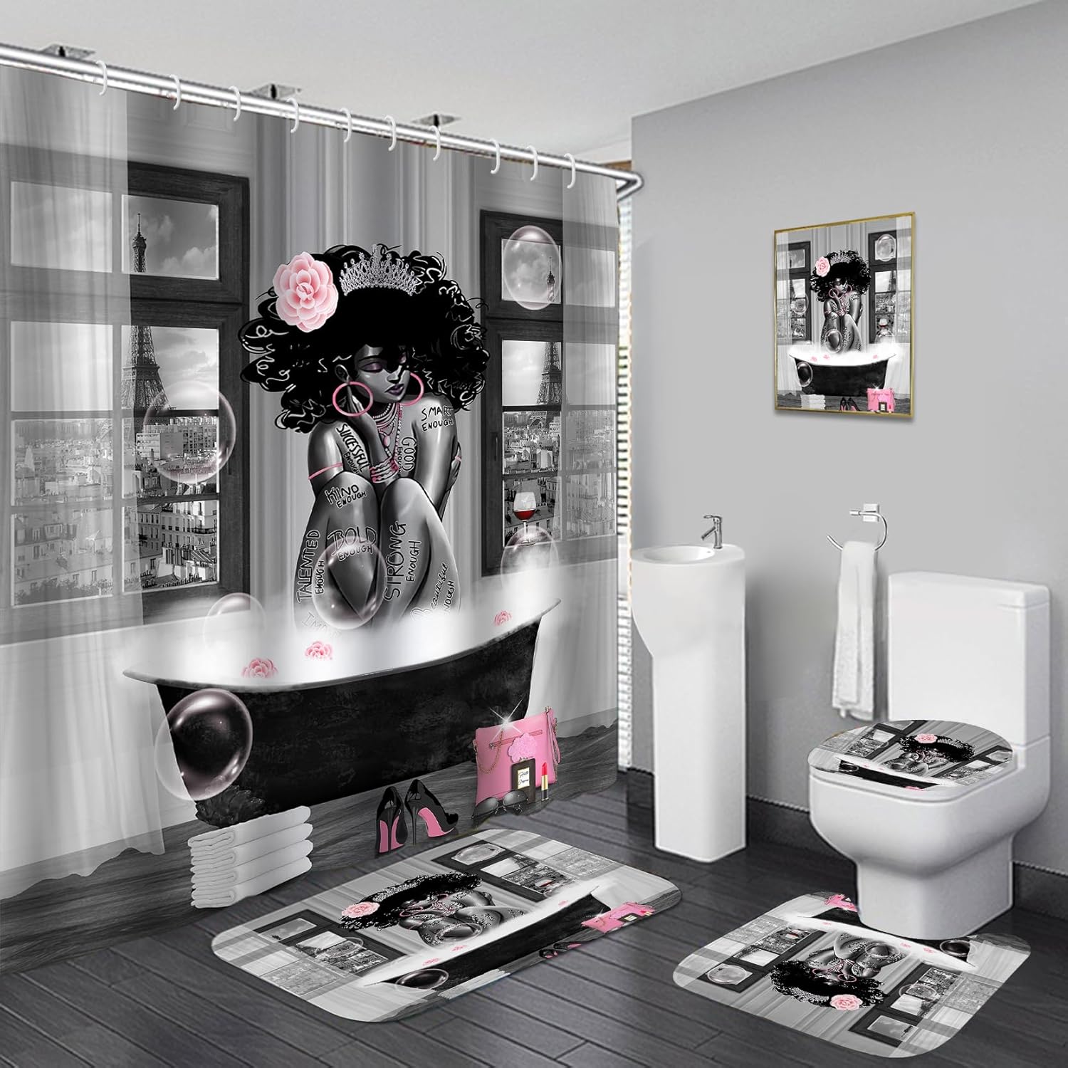 5Pcs Black Girl Shower Curtain Set with Decorative Painting, African American Wall Painting Bathroom Sets with Shower Curtain and Rugs, Trendy Women’s Bathroom Pictures for Wall Art Decor