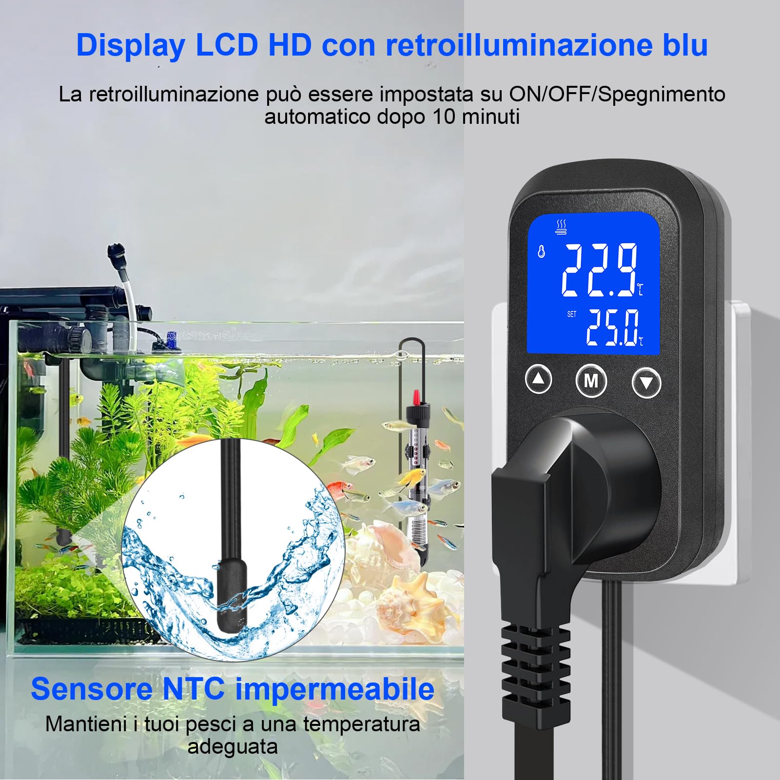 KETOTEK KT2100 Regolatore di temperatura PID con presa dimmerabile per terrari, rettili, acquari e tappetini riscaldanti per lampade, 2A 460W, sensore impermeabile