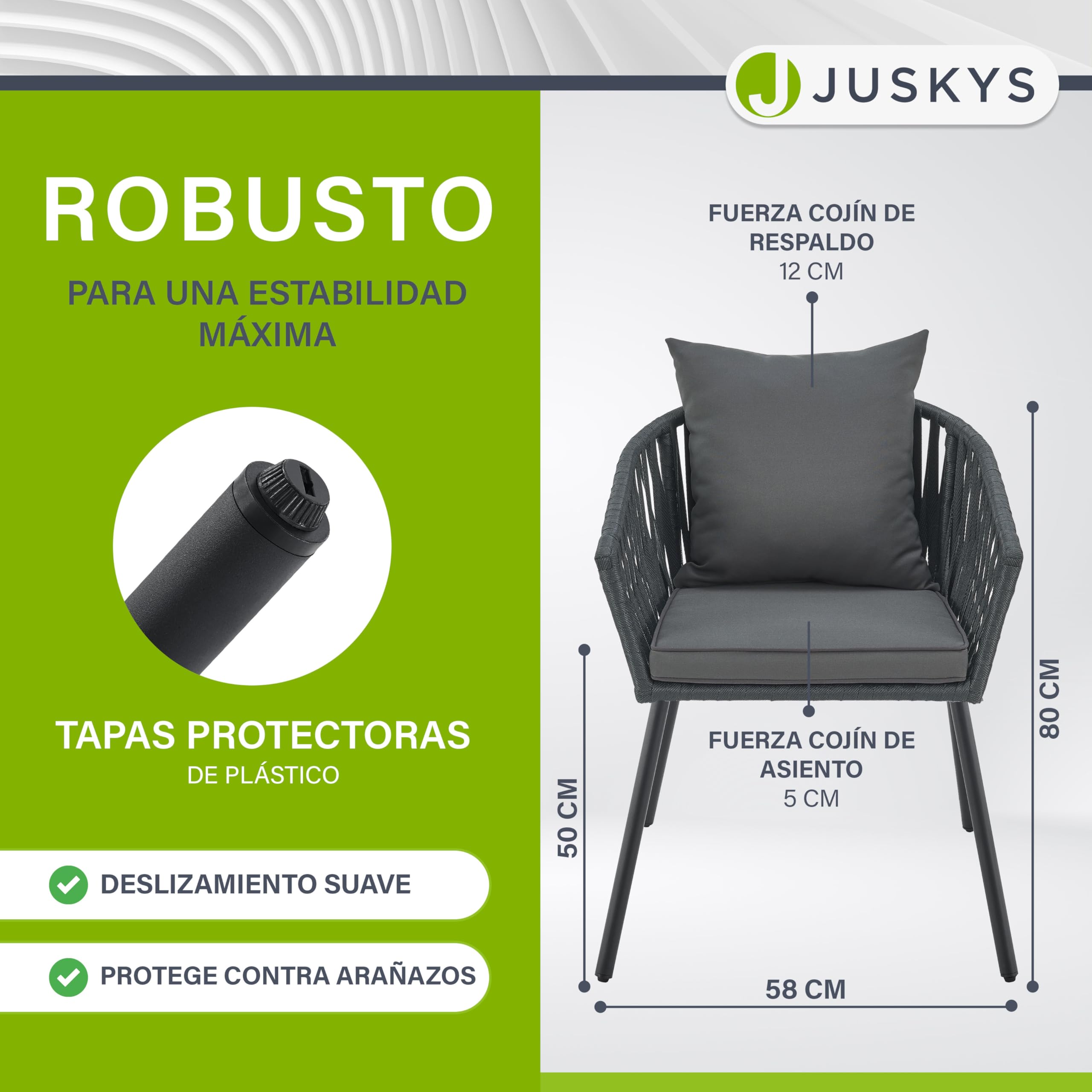 Juskys Rope - Juego de 2 sillas de jardín resistentes a la intemperie, soporta hasta 160 kg, cojines de asiento y respaldo de poliéster, 2 sillas de acero y polipropileno para jardín, terraza y balcón
