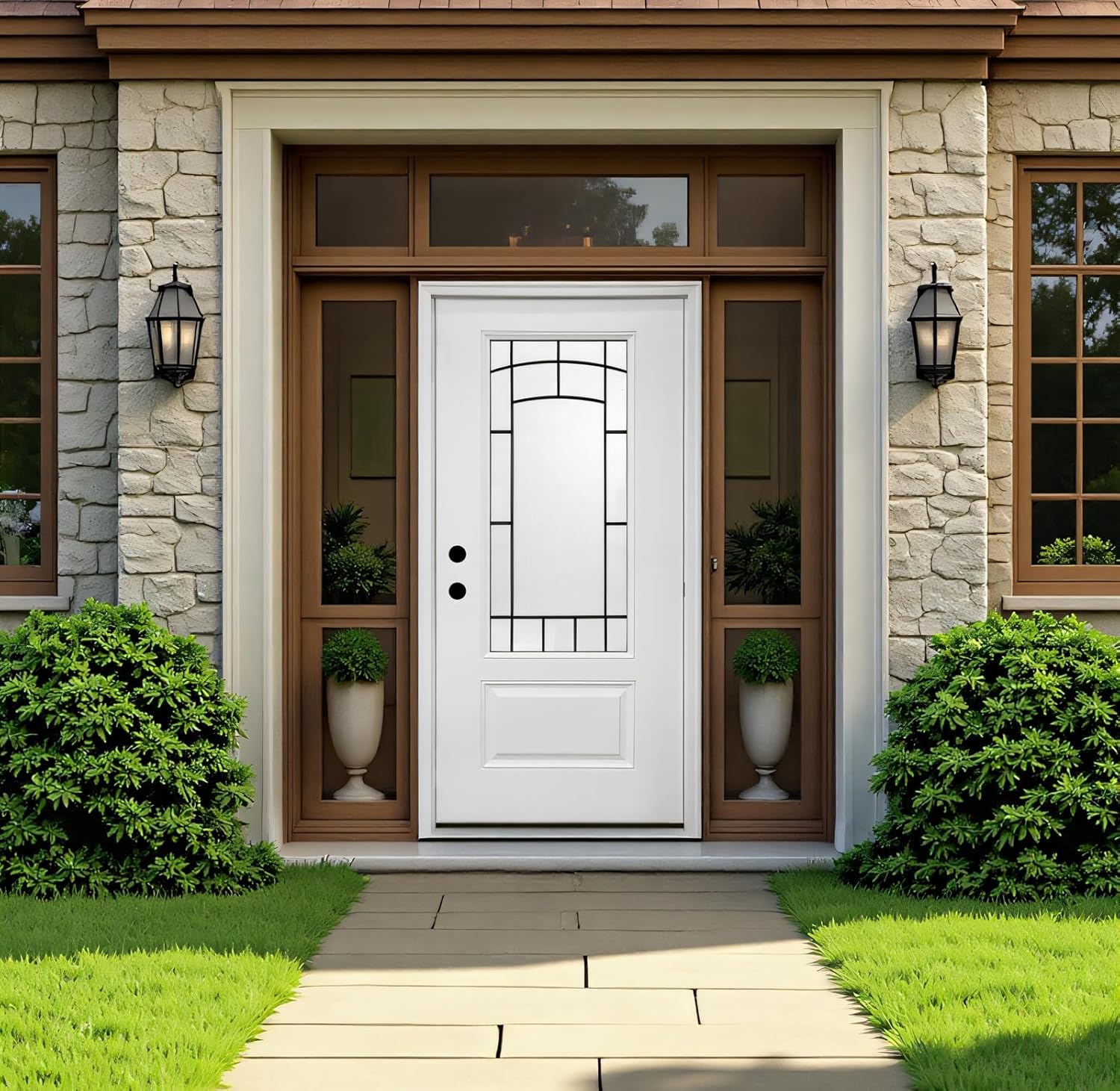 36"x80" Fiberglass Front Entry Door, Exterior Doors with Glass & Brickmould, 4-9/16"W Door Frame, Right Hand Inswing Front Doors for House Exterior with 3/4 View Frosted Glass, White Knock-Down Door