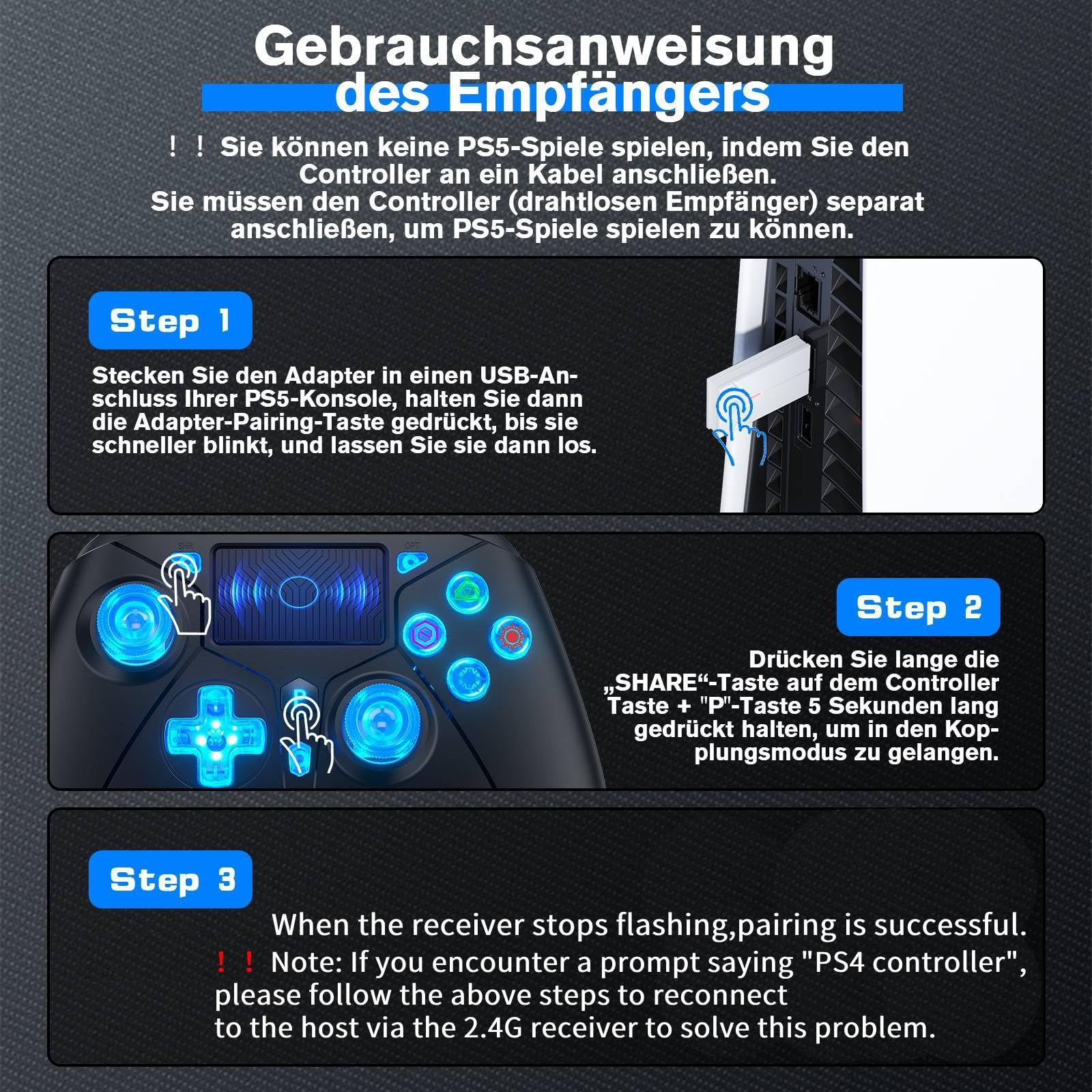 Bonacell RGB Kabelloser Controller für PS5/PS4/PC with 2.4GHz USB Receiver Adapter kompatibel mit PS5-Spielen, Dual-Motor-Vibration/6-Achsen-Sensor/Turbo/3,5-mm-Audiobuchse/Touchpad
