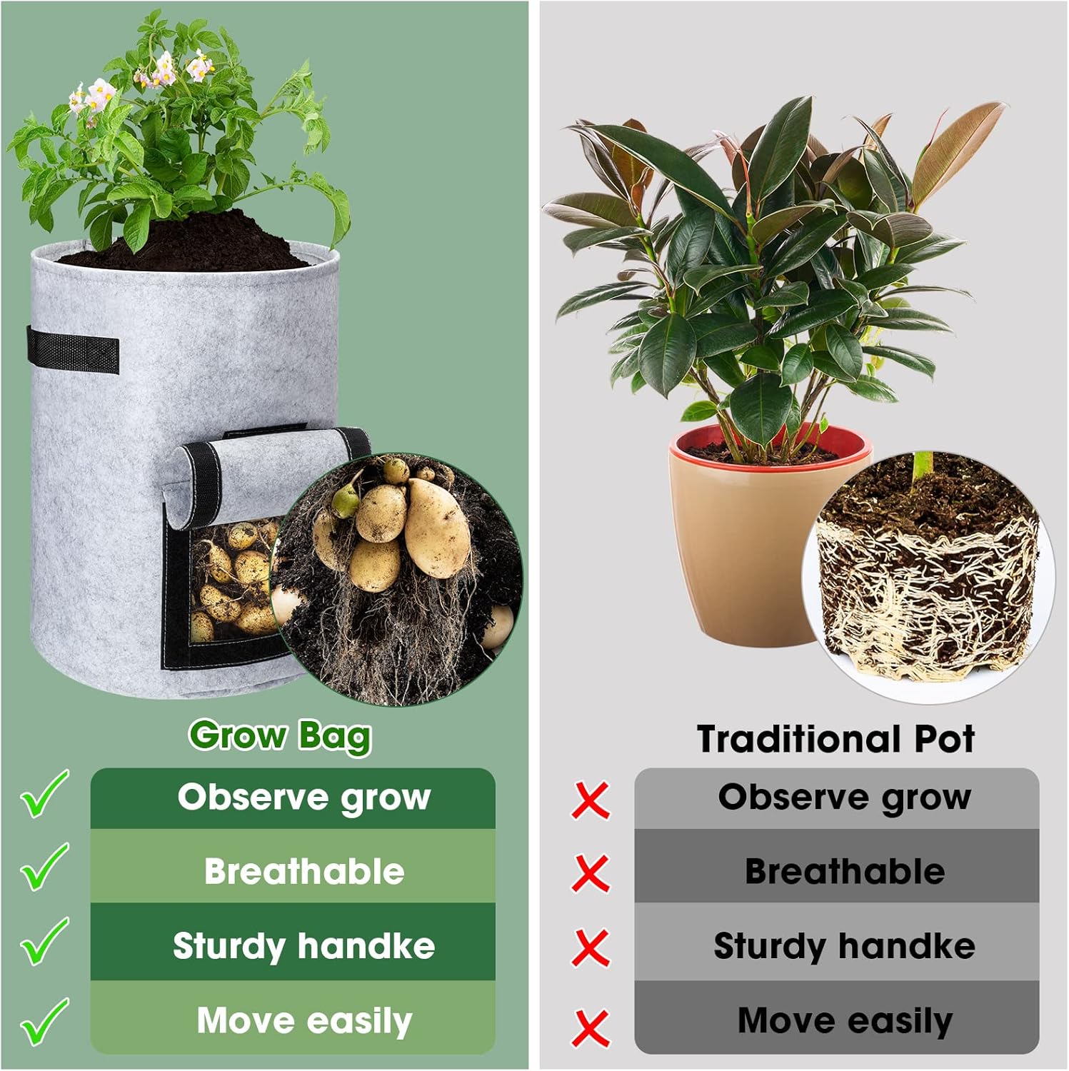 16 Pack Potato Grow Bags 10 Gallon Garden Planting Bag Garden Potato Grow Bags with Flap Vegetable Grow Bags Potato Growing Containers with Handles and Harvest Window for Potato Tomato and Vegetables