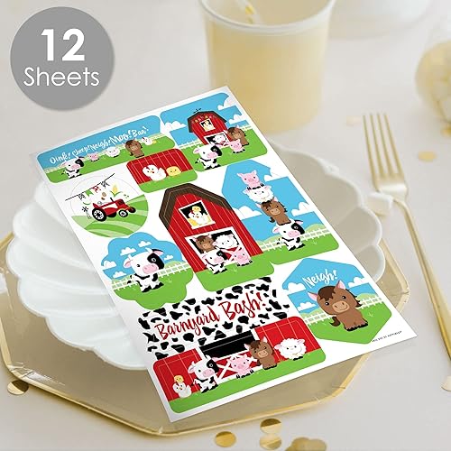 Miniatura 2 de Big Dot of Happiness Farm Animals - Juego de calcomanías para baby shower o fiesta de cumpleaños, 12 hojas, 120 calcomanías