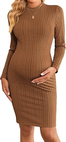 Ekouaer Vestido de maternidad para mujer, de punto acanalado, elástico, ajustado, para embarazada, cuello alto, manga larga, ropa de embarazada
