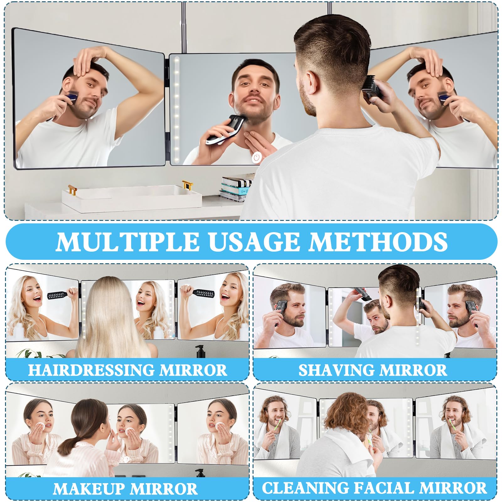 Specchio da Taglio A 360 Gradi, Specchio 360 Gradi Capelli con LED, Specchio Trucco a 3 Vie, Tagliare I Capelli da Soli