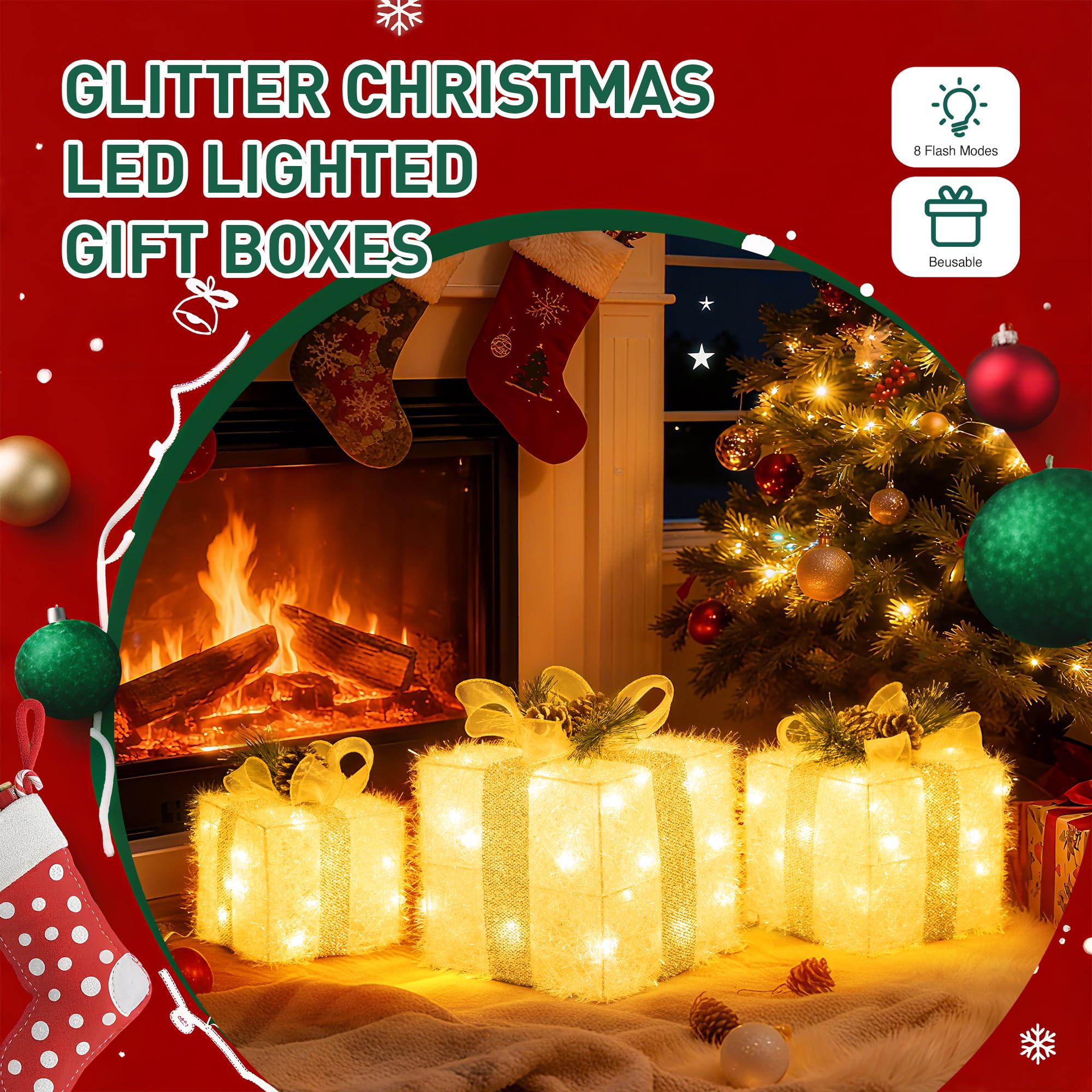Set of 3 Christmas Lighted Gift Boxes - 65 LED Pre-Lit, Plug-in