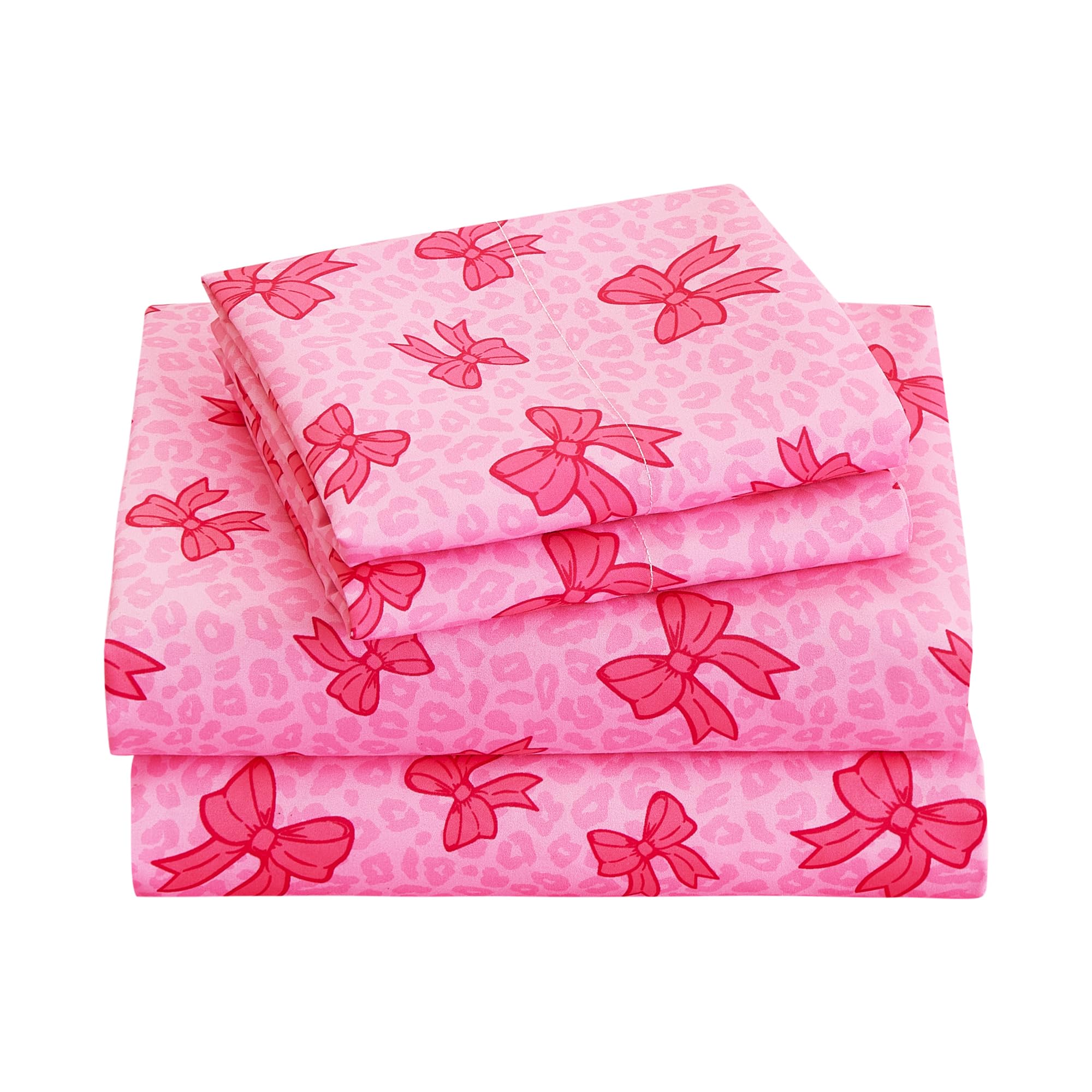 Viviland 3 Pieces Girls Twin Sheets Set Kids, Pink Leopard Print Bow