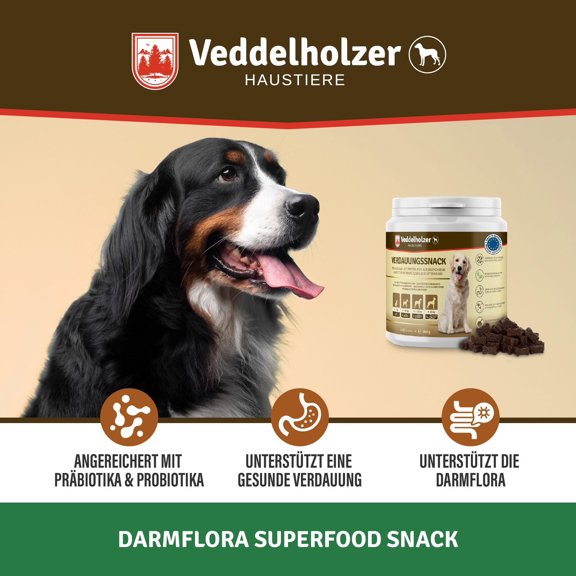 Veddelholzer Hunde Probiotika zur Unterstützung der Darmflora als Nahrungsergänzungsmittel mit natürlichen Inhaltsstoffen perfektes Hundezubehör als Verdauungssnack oder leckerli für Hunde