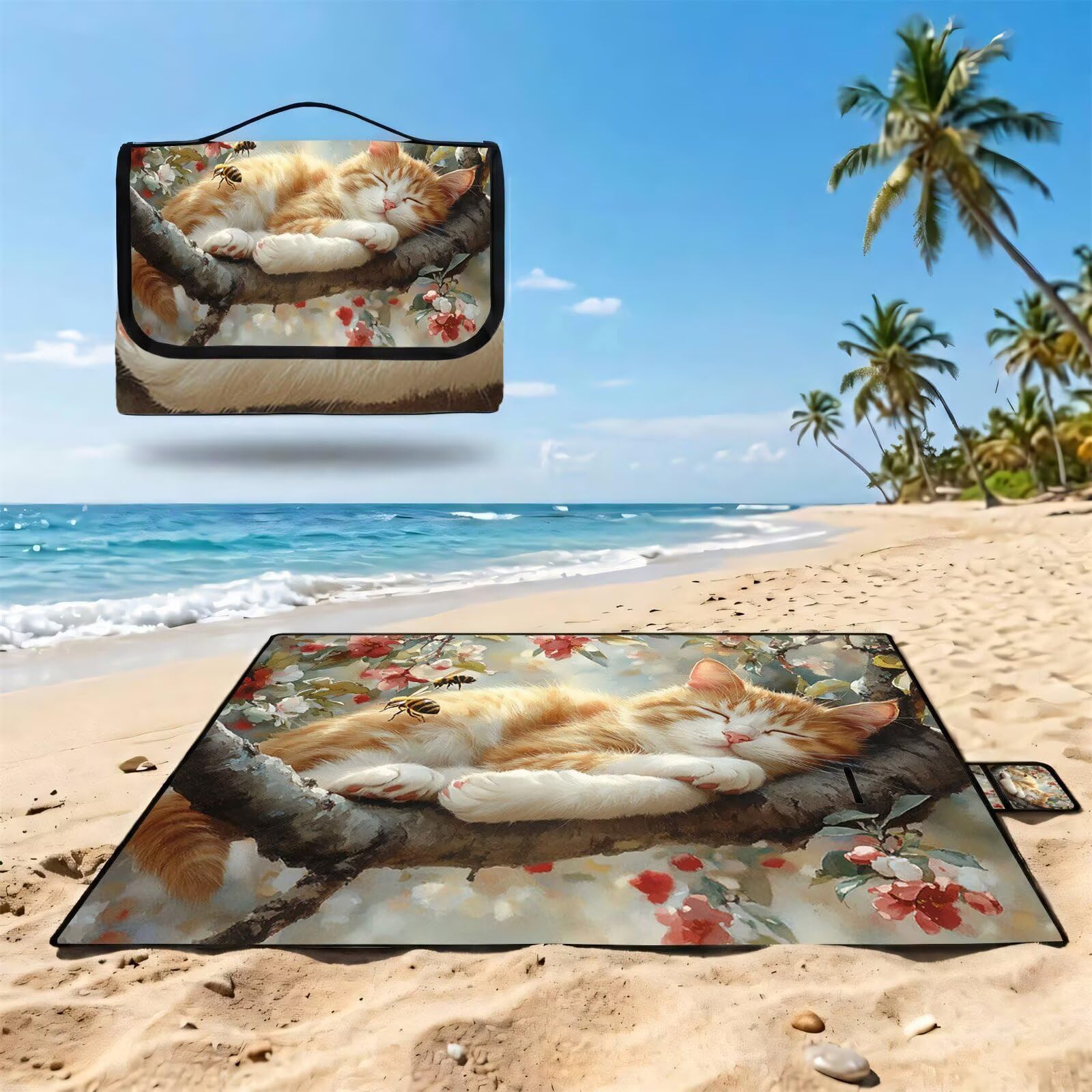 Couverture de Pique-Nique Grande 200x300cm,Outdoor Couverture Imperméable,Pliable Tapis de Plage Dos en PVC Anti-Sable,Picnic Blanket pour Camping Accessoires,Jardin,Parc,Famille - chat,fleur(3) FZ-16