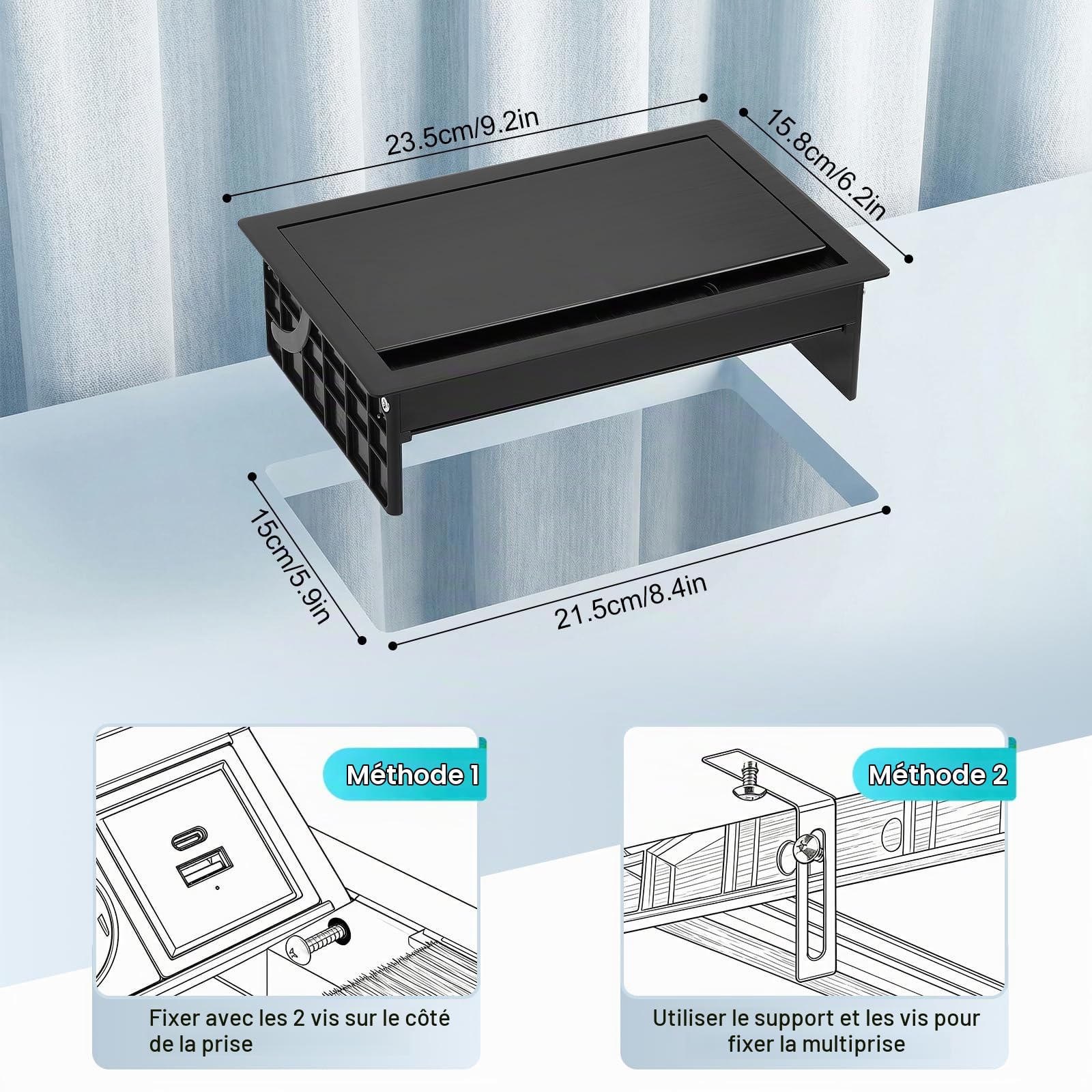 Prise Encastrable 3 Prises, avec 1 USB-C et 1 USB-A, Prise Table Escamotable Multiprise Alliage d'Aluminium, Câble d’Alimentation 2M, 20W USB, pour Bureau, Salle de Jeux, Salle de Réunion 2500W