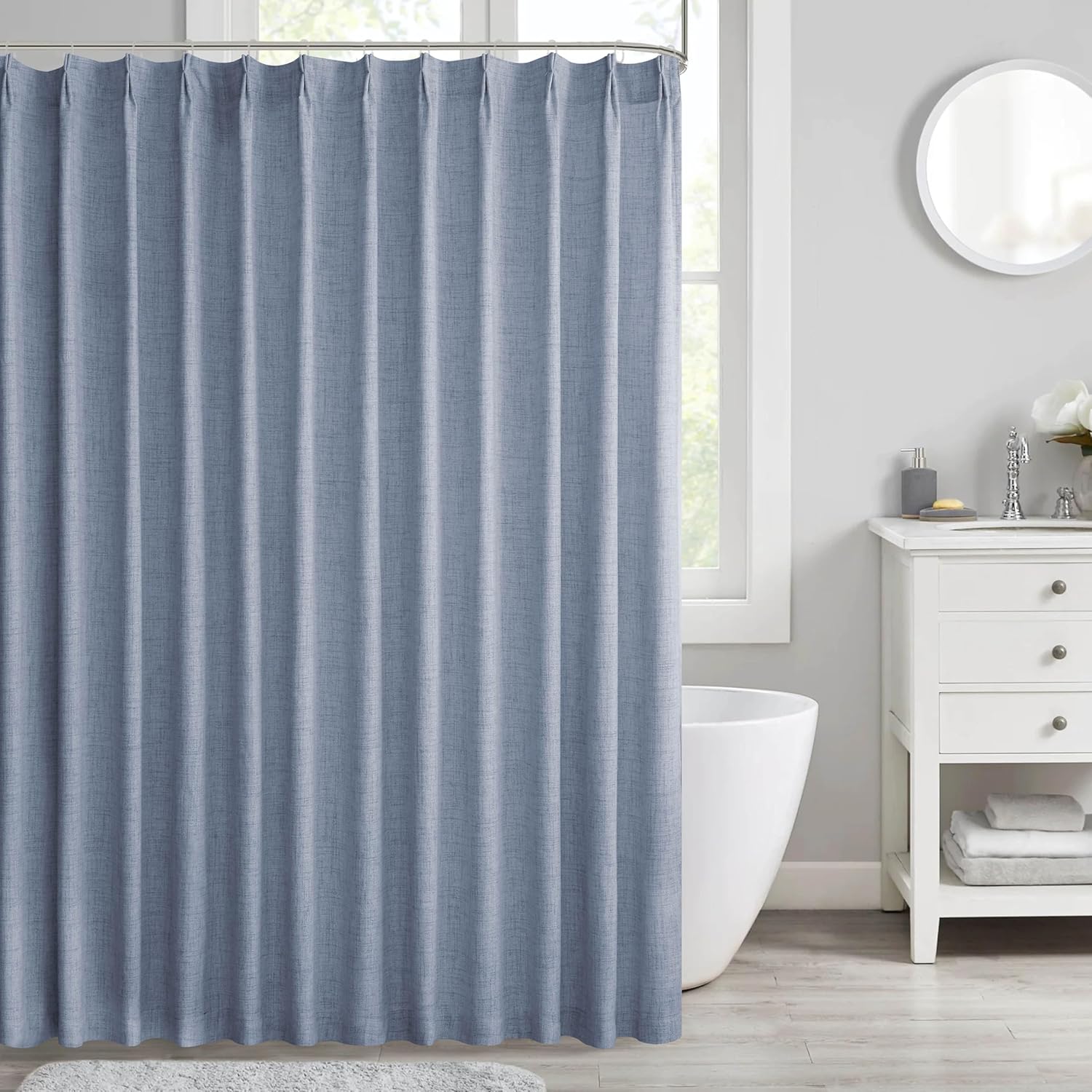 HIG Dusty Blue Linen-Like Pinch Pleated Shower Curtain, 72 Inch Wide, Fabric Bathroom Curtain with Memory Shape, Modern Neutral Solid Color, Machine Washable Privacy Cloth Curtain for All Season Use