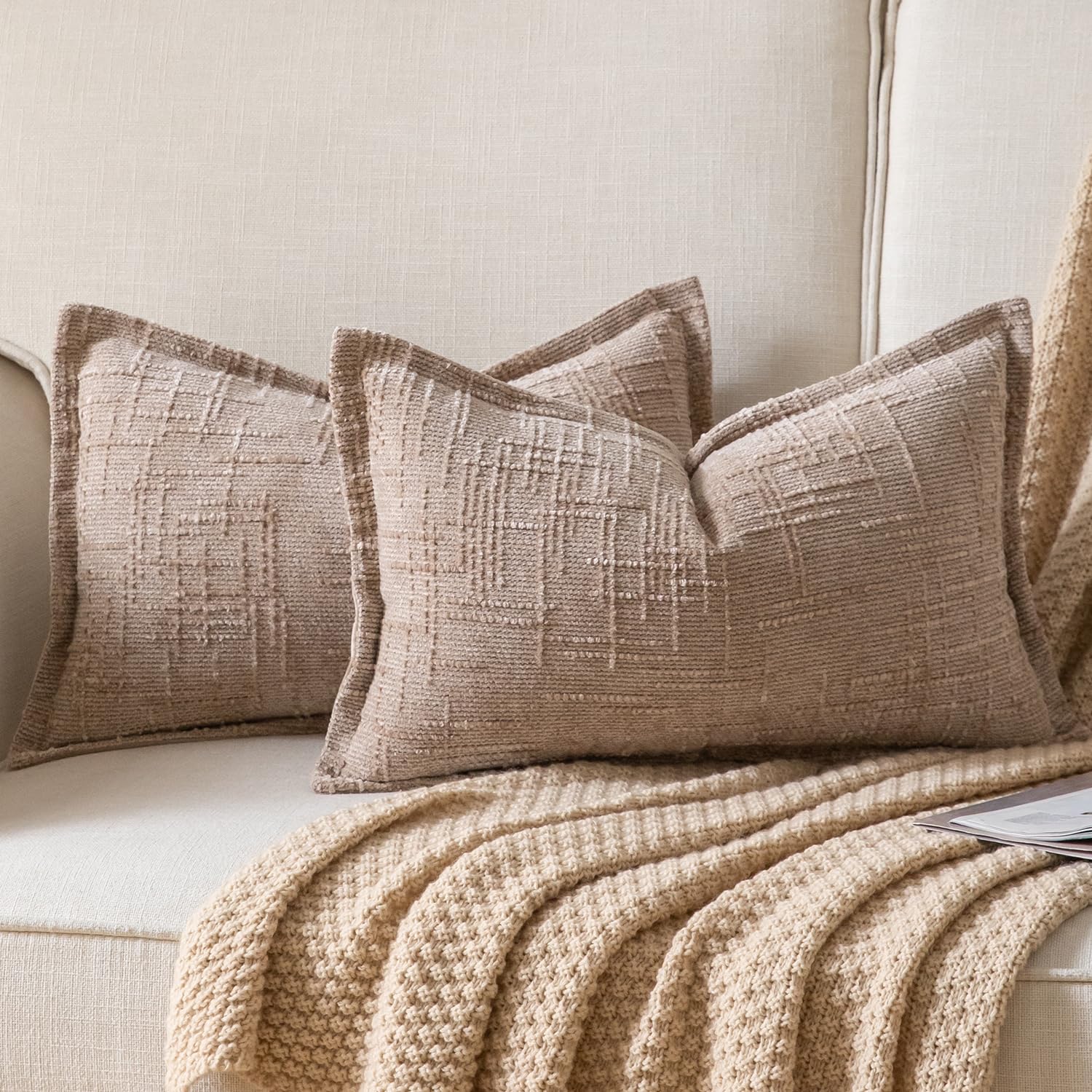 YAERTUN Chenille Cushion Covers 30x50 cm 12x20 inch Set of 2 Textured Broadside Soft Cozy Velvet Throw Pillow covers Farmhouse Boho Decorative Pillow Cases for Couch Bed Sofa Livingroom Camel