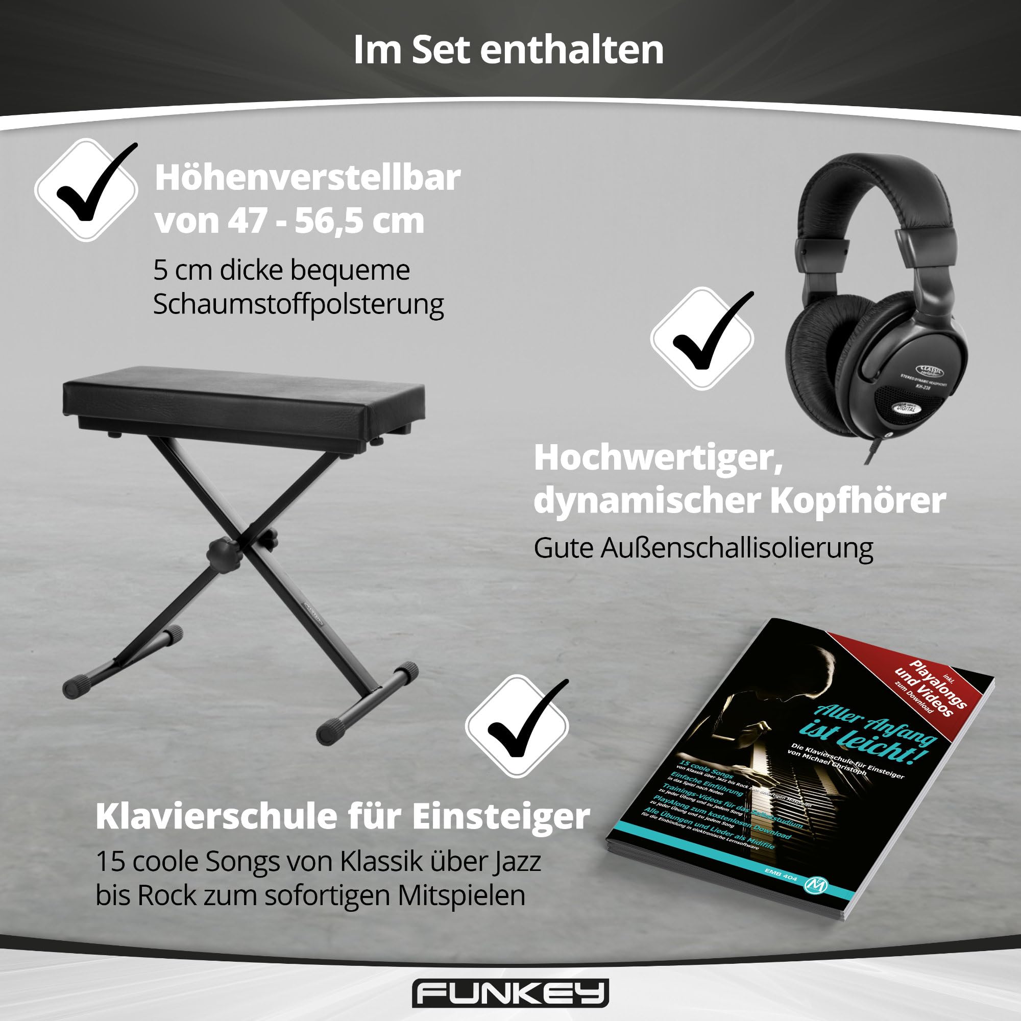 FunKey DP-88 II Digitalpiano Set (88 anschlagsdynamische Tasten, 360 Sounds, 160 Styles, MP3-Player, inkl. Keyboardbank, Kopfhörer und Klavierschule) schwarz