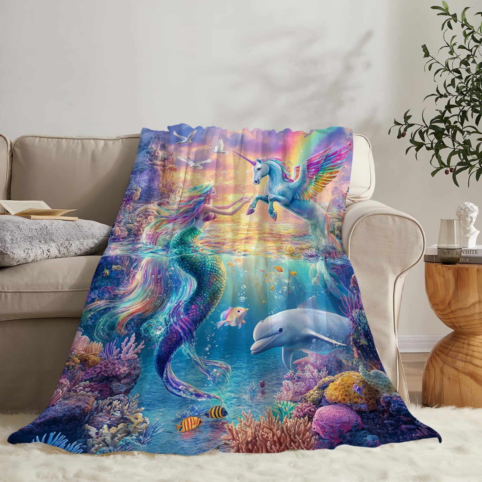 Fantasy Mermaid Blanket Gifts for Girls Boys Unicorn Fleece Blankets Soft Warm Fuzzy Funny Ocean Beach Marine Life Throw Cozy Flannel Plush Stuff Throws for Kids Men Women Bed Couch Decor 60"x50"