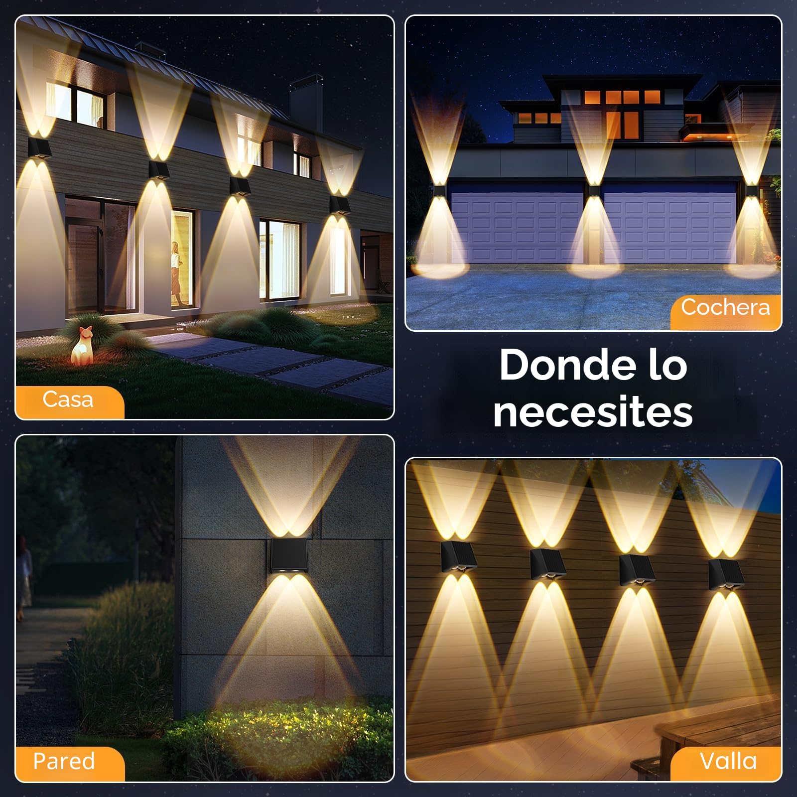 Quntis Aplique Solar Exterior Pared 4 Piezas, Blanco Cálido y Rgb Luces Solares Led Exterior Jardin Pared IP65 Impermeable con 13 Modos para Jardín, Porche, Garaje