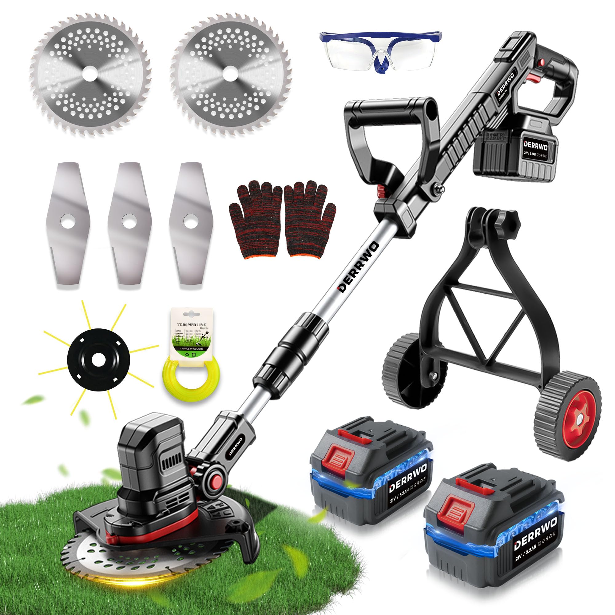 10400mAh Electric Weed Wacker with Wheel, Weed Eater Cordless, Battery Power Display, 4-in-1 Brush Cutter, String Trimmer, Lawn Edger & Mower, Lightweight Weed Wacker with 6 Blade 2 Battery