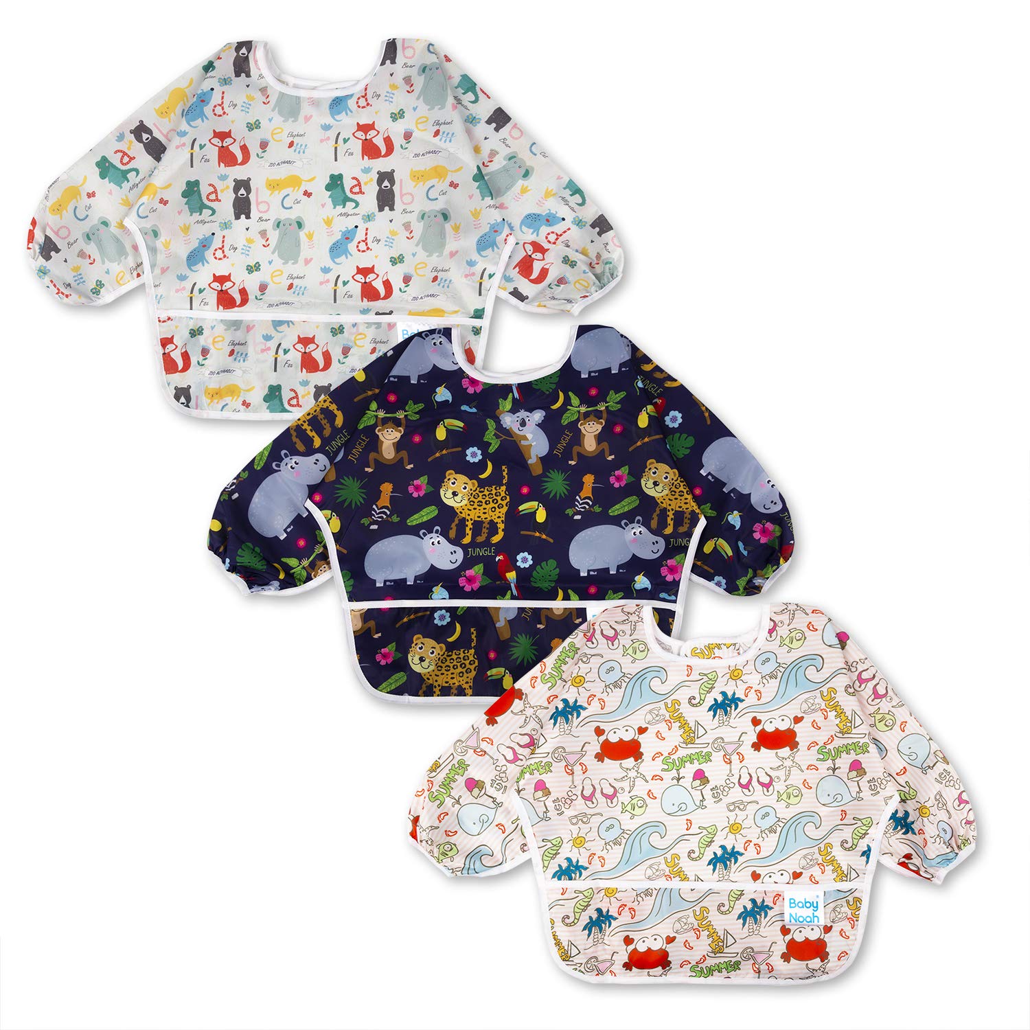 3 Pcs Long Sleeved Bib Set | Baby Waterproof Bibs with Pocket Bundle Toddler Bib with Sleeves and Crumb Catcher 6-24 Months