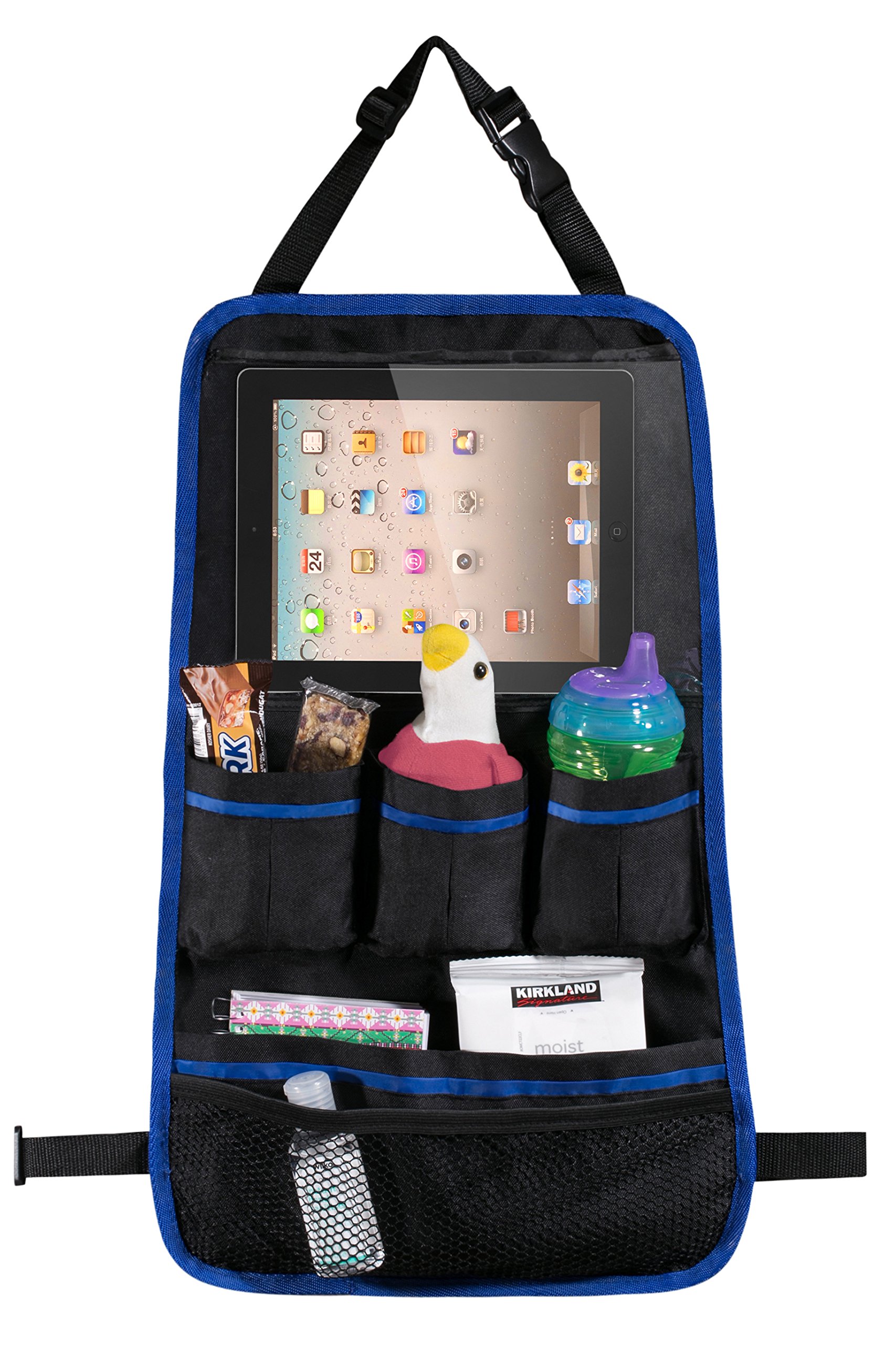 Handy Laundry Back Of Seat Car Organizer For Kids and Family. Storage pocket for Tablet plus five additional pockets to hold children travel accessories like sippy cups, bottles, toys, snacks.