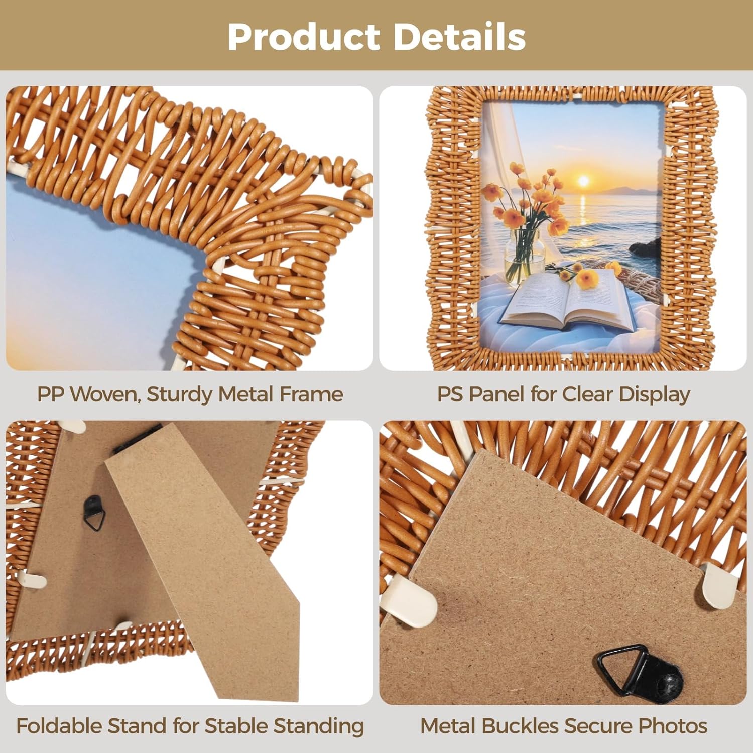 3 PCS Scalloped Picture Frame, 5 x 7 Inch Wicker Weave Rattan Photo Frame, Handmade Woven Rattan Picture Frame, Boho Farmhouse Style Tabletop or Hanging Display for Many Home Decor Style (5X7)