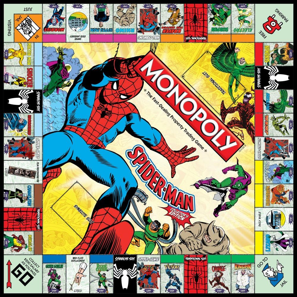 Close-up of the Monopoly Spider-Man game board
