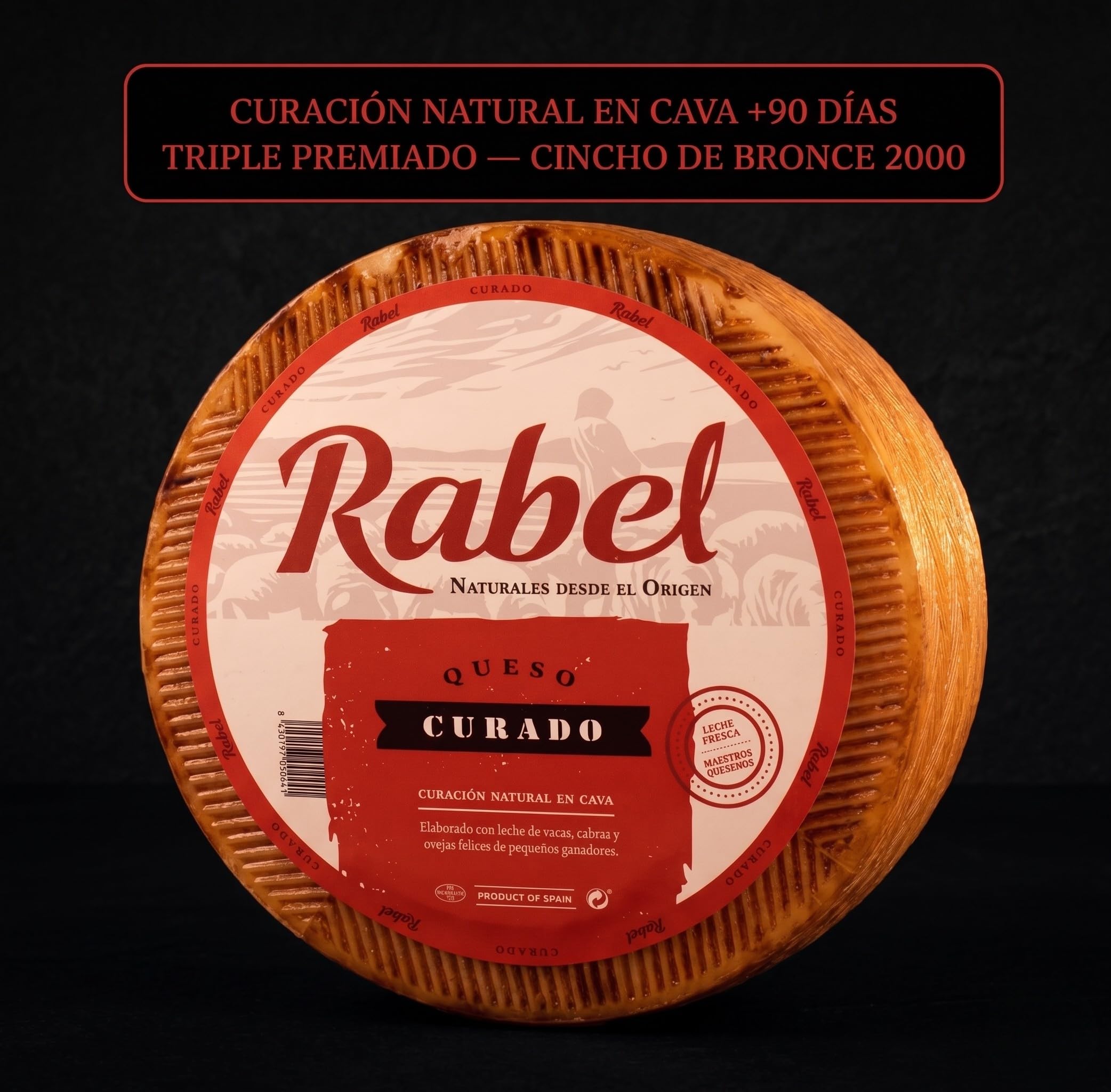 Queso Mezcla Curado Rabel Leche de Vaca Cabra y Oveja Pieza Entera 3,2 kg | Curación natural en cava 90 días, sabor intenso y aromático con leve picor. Premiado. Ideal tabla gourmet, aperitivo y regalo