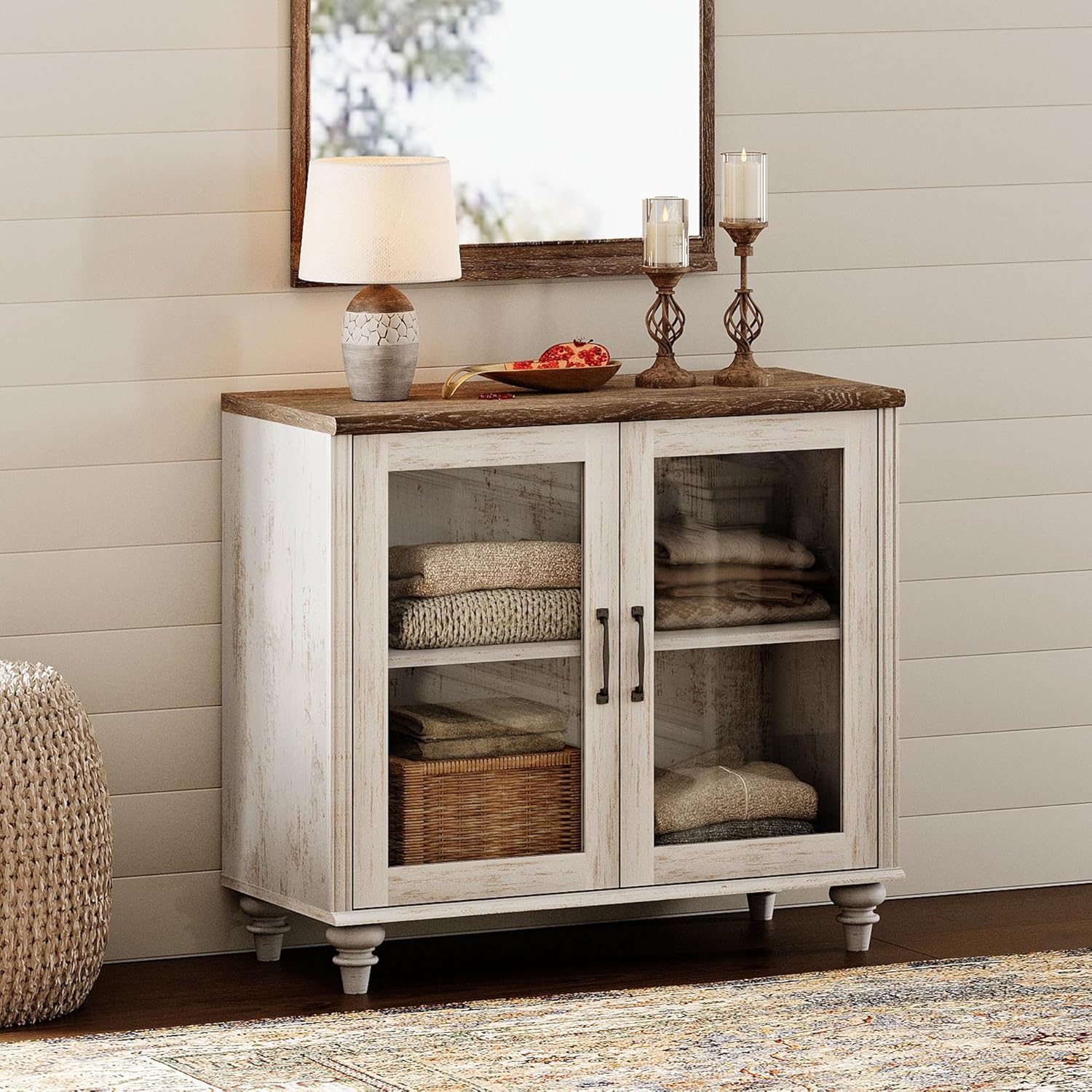 WAMPAT Farmhouse TV Stand for TVs Up to 43 inch, Glass Wood Universal TV Stand with a Large Storage Cabinets, Entertainment Center, TV Console Table for Living Room, Bedroom, Rustic White