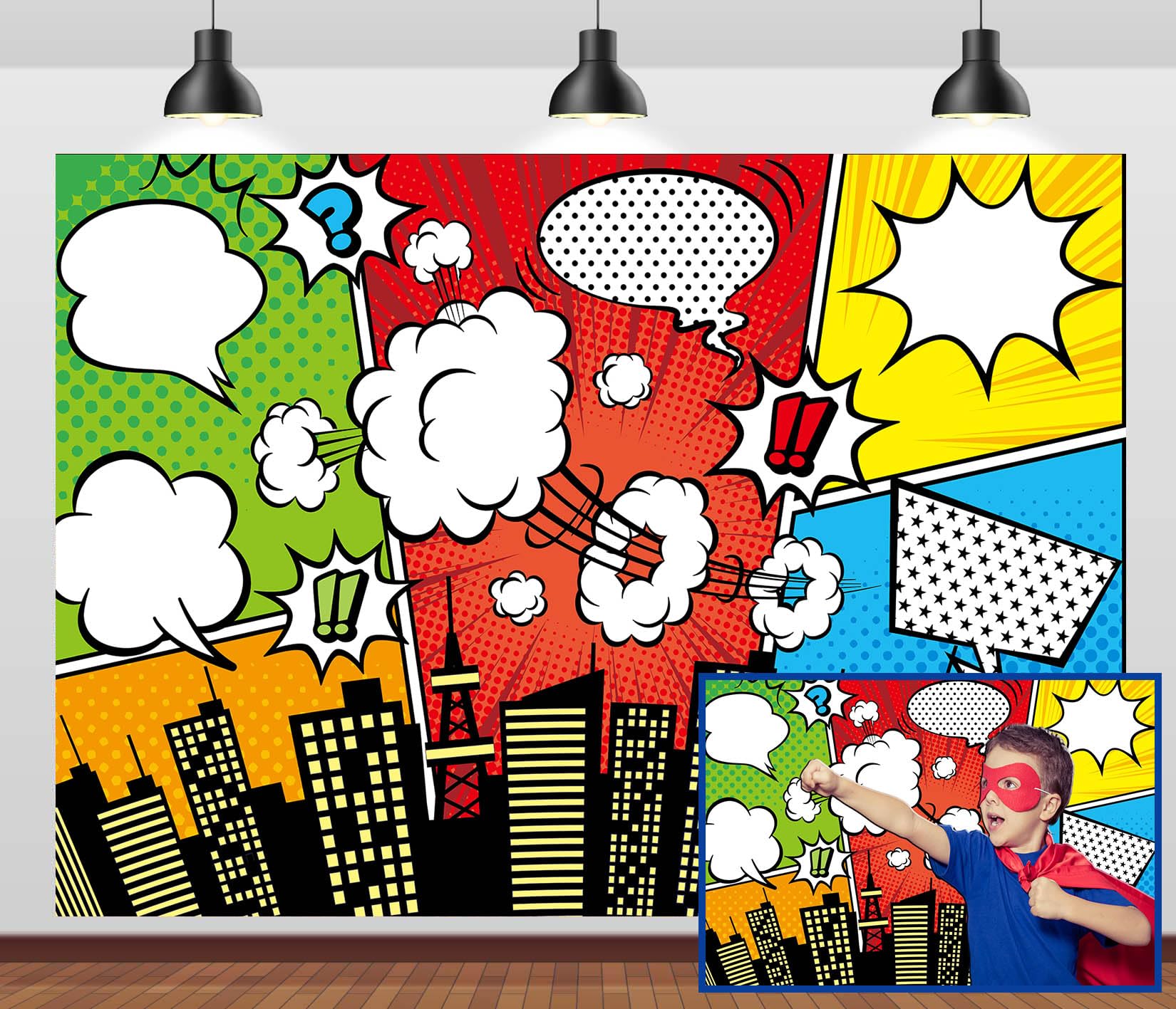 Loccor 7x5ft Fabric Cartoon Super City Backdrop Comic Super Cityscape Urban City Buildings Background for Superhero Themed Birthday Banner Boys Kids