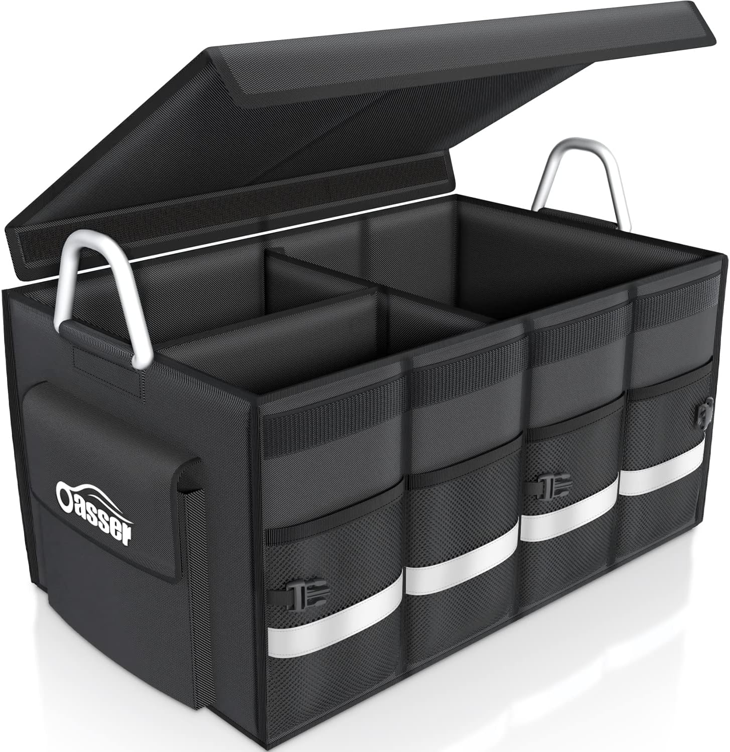 Oasser Trunk Organizer Cargo Storage Organizer Collapsible Multi Compartments with Cover Lid Aluminium Alloy Handle Reflective Tape Storage Box for Car SUV Van Auto