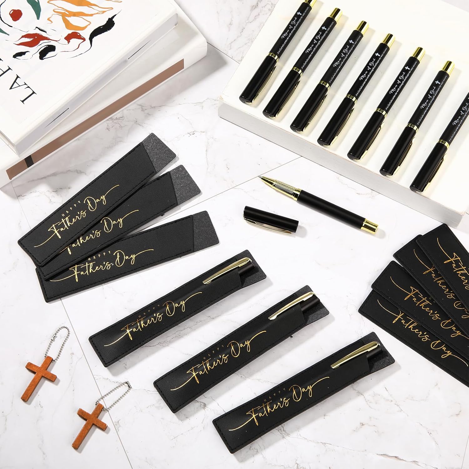 Sayglossy 25 Sets Fathers Day Man of God Church Gifts Christian Bible Verse Pens with Leather Pen Holder Sleeve Inspirational Quotes Religious Pen for Men Church Office Faith Based Gifts