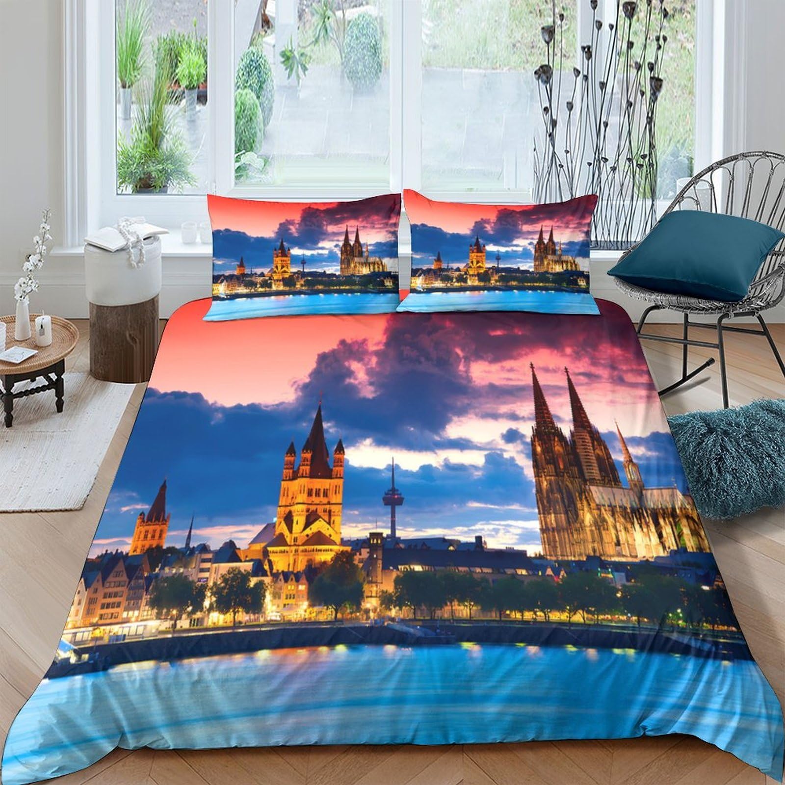 Ctjqhvkz Style-9 3D Printed Cologne Skyline Fitted Sheet Microfiber Colourful Sunset Bed Cover For Bedroom Guestroom Dorm Decor Mattress Protection Single（135X200cm）