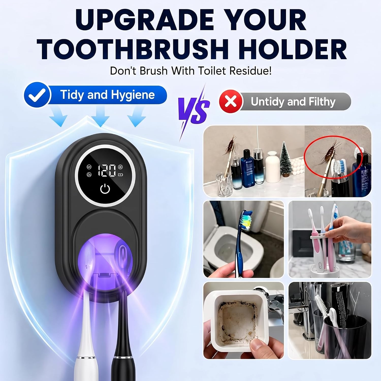 Wall Mounted Toothbrush Holder, Toothbrush Covers with 2 Toothbrush Slots, Portable Cleaning Box for Electric and Manual Toothbrushes, Inductance Cleaner Case Without Drilling (Black)