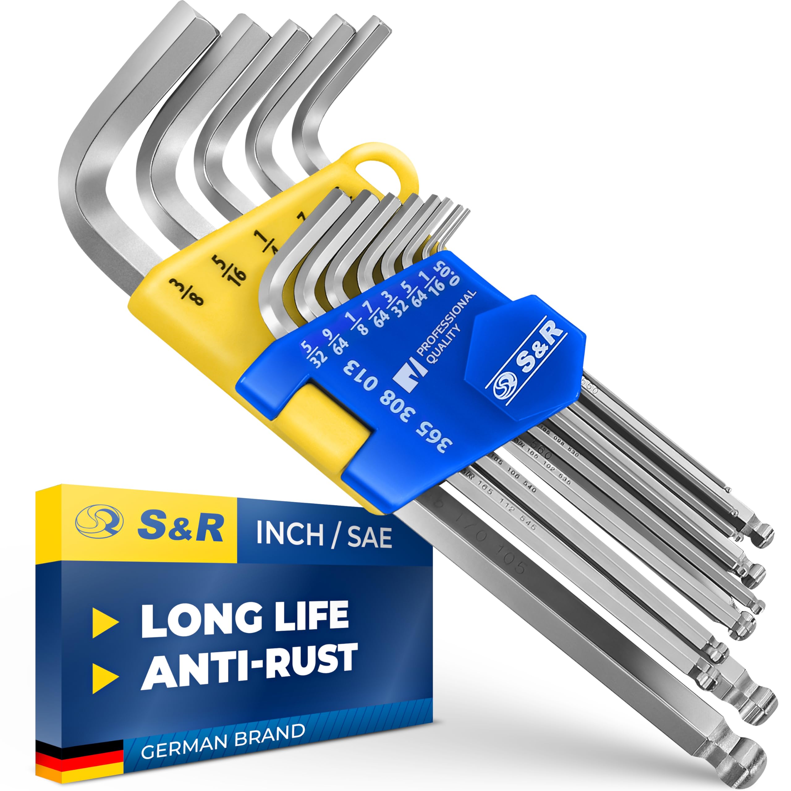 S&R Hex Key Set, 13 pcs - Long Ball End, Imperial Sizes 0.05 to 3/8 Inch, Cr-V Steel, Corrosion-Resistant, in Compact Plastic Clip