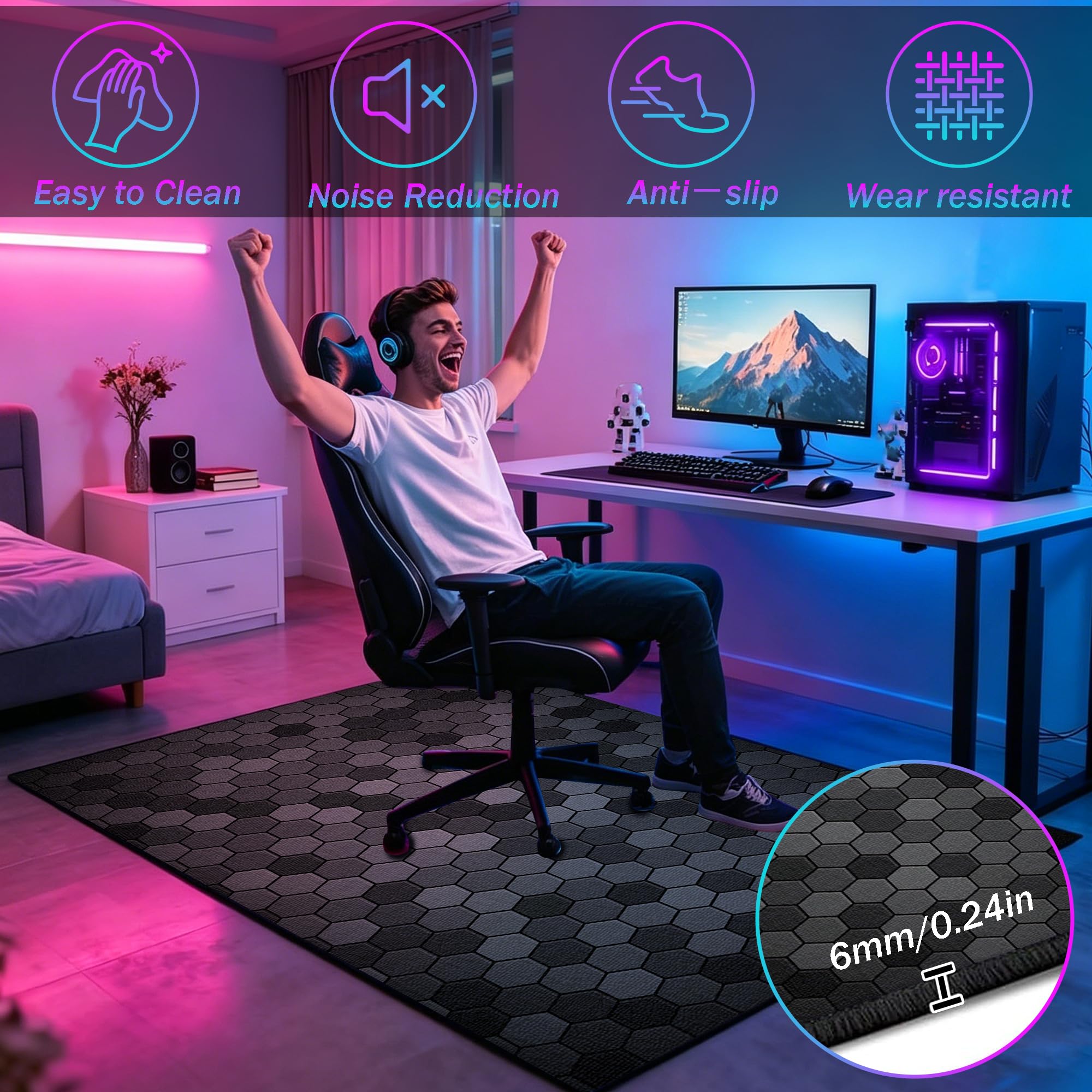 Tappeto Camera da Letto Ragazzo, Tappeto Gaming Pavimento, Stampa Geometrica Neon Gaming, Antiscivolo, Tappeto Zone Game 3D, Decorative Stanza Gaming 120 x 180 cm