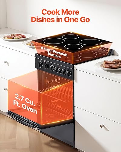 Miniatura 2 de VEVOR Horno eléctrico de 24 pulgadas, capacidad de 2.7 pies cúbicos, horno independiente compacto de acero inoxidable, con 4 quemadores, estantes de