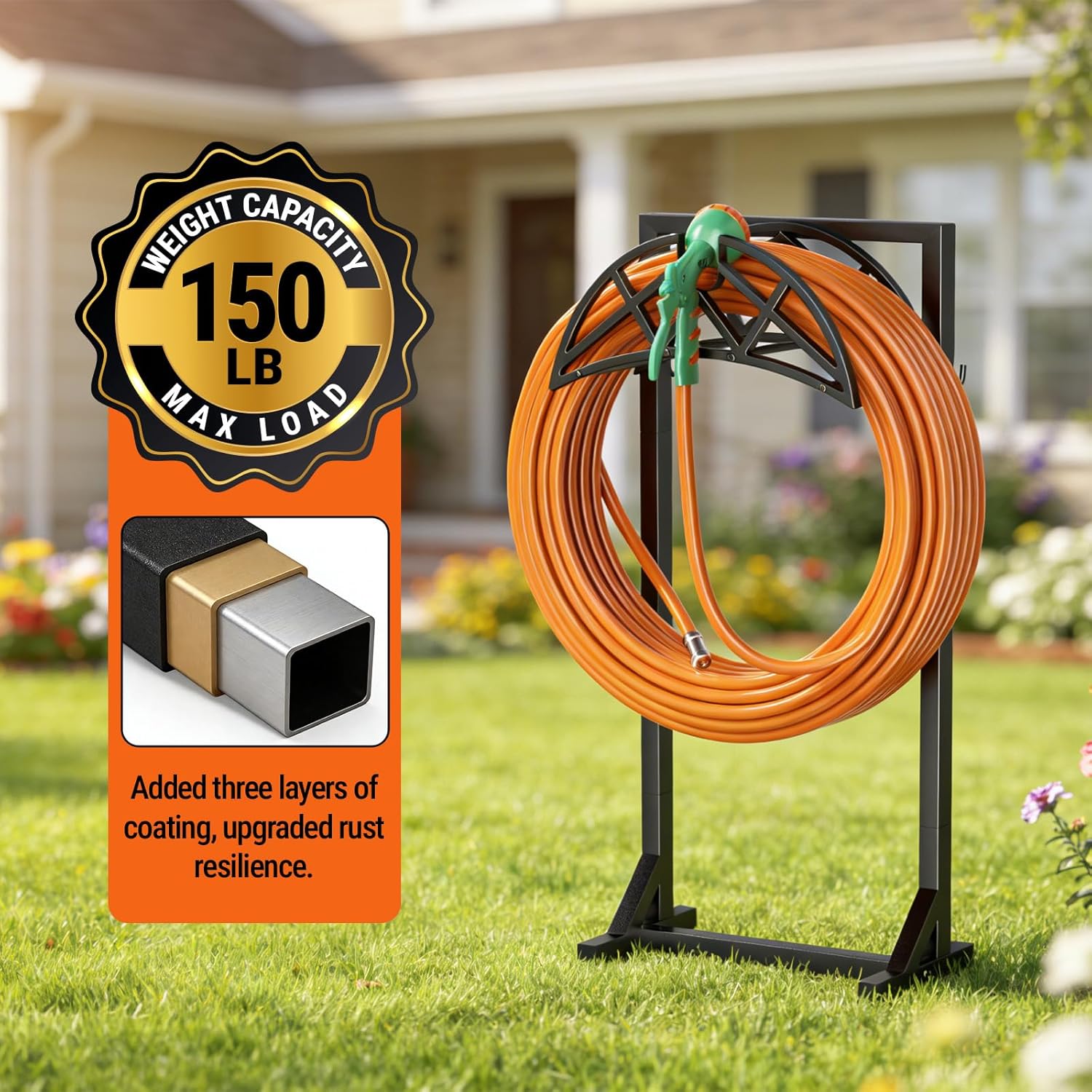 Garden Hose Holder, Heavy-Duty Metal Stand with Stable Base & 2 Tool Hooks, Freestanding Storage Rack for Outside, Holds 150ft – Hose Holders for Yard & Lawn