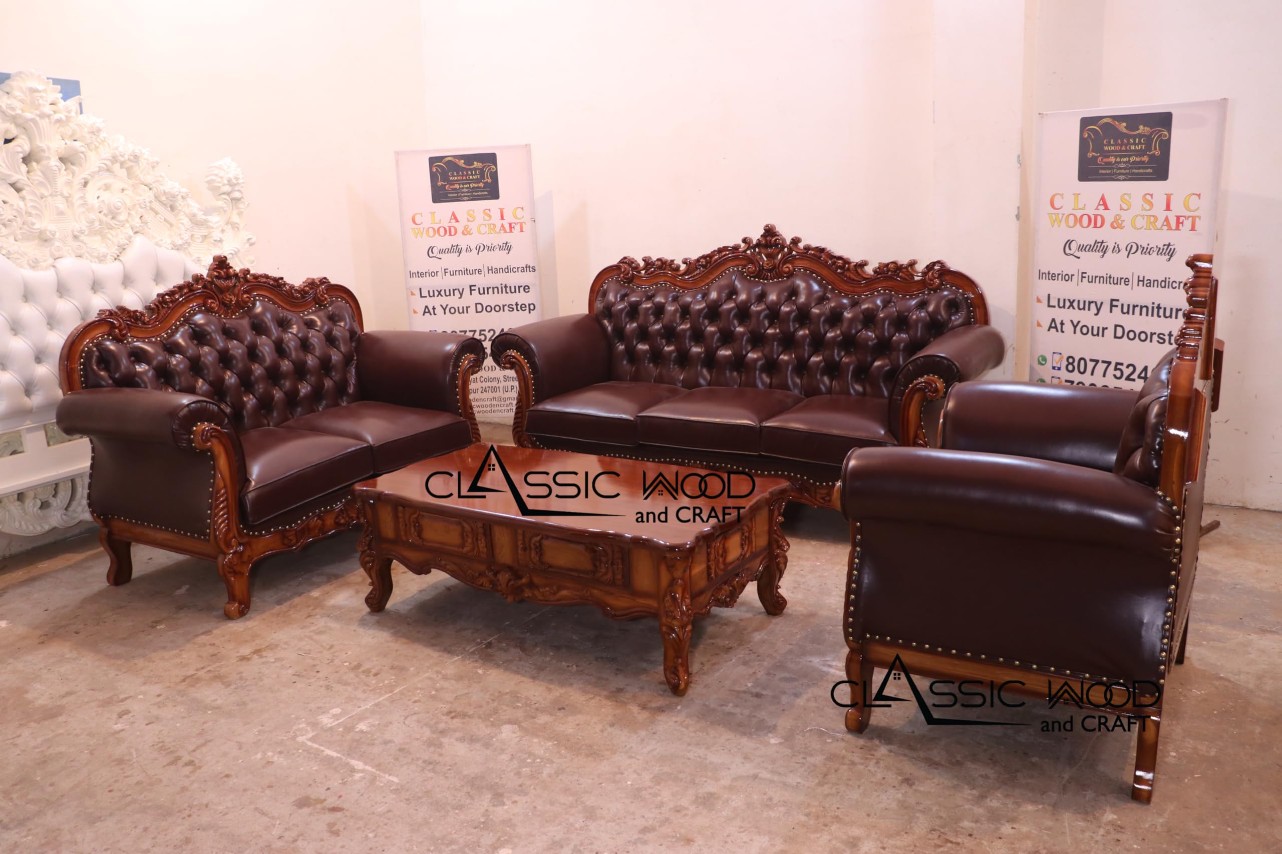 Royal 6-Seater Sofa Set Designer Center Table Victorian Style Carved Wooden Frame Premium Brown Leatherette Upholstery Tufted Backrest Antique Walnut Finish Living Room (3+2+1)-image-44